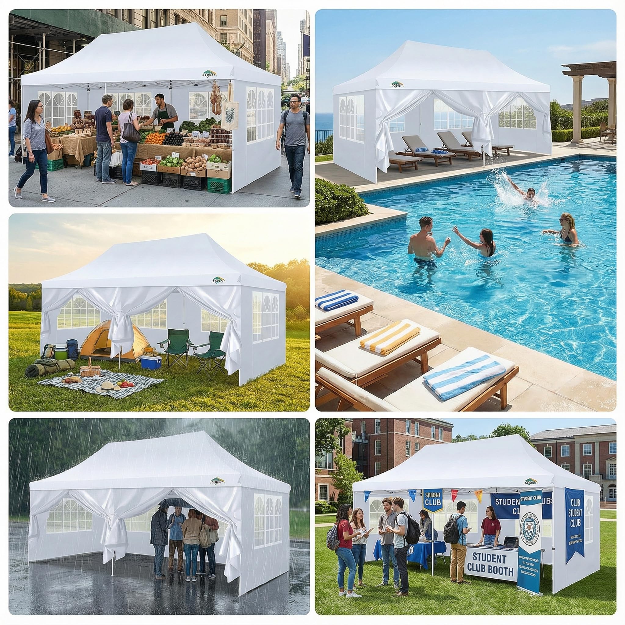 COBIZI Tonnelle Pliante 3 x 6 m, étanche, Stable, résistante à l'hiver, Pliable, avec 6 parois latérales et 4 Sacs de Sable, Pop-up, tonnelle de Jardin, Anti-UV, pour l'extérieur, Blanche