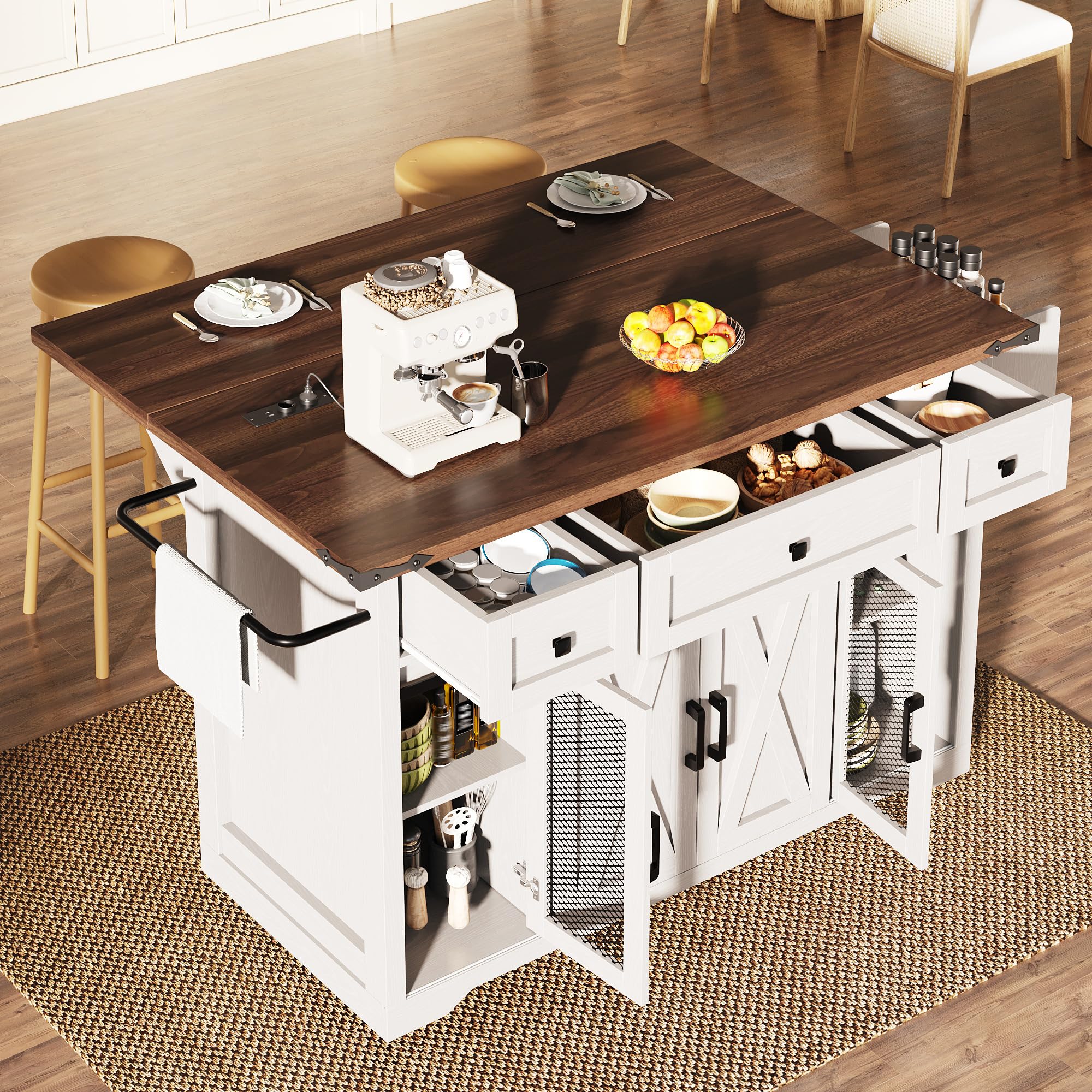 Küchenwagen, Kücheninsel mit Klappbarer Arbeitsplatte, Speisewagen Küchenschrank mit Rollen & Verstellbaren Einlegeböden, Buffetschrank mit Schubladen & Schiebetüren, Weiß, 120.2x45.3x91.5cm