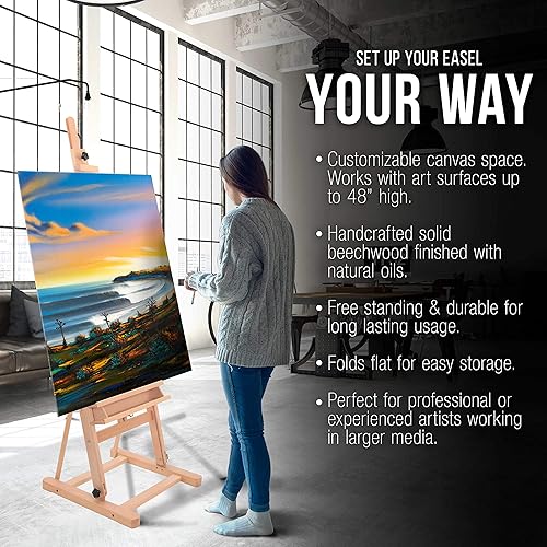 Miniatura 4 de U.S. Art Supply Caballete mediano de madera con marco en H con bandeja de almacenamiento, ajustable a 96 pulgadas de alto, soporta lienzo de hasta