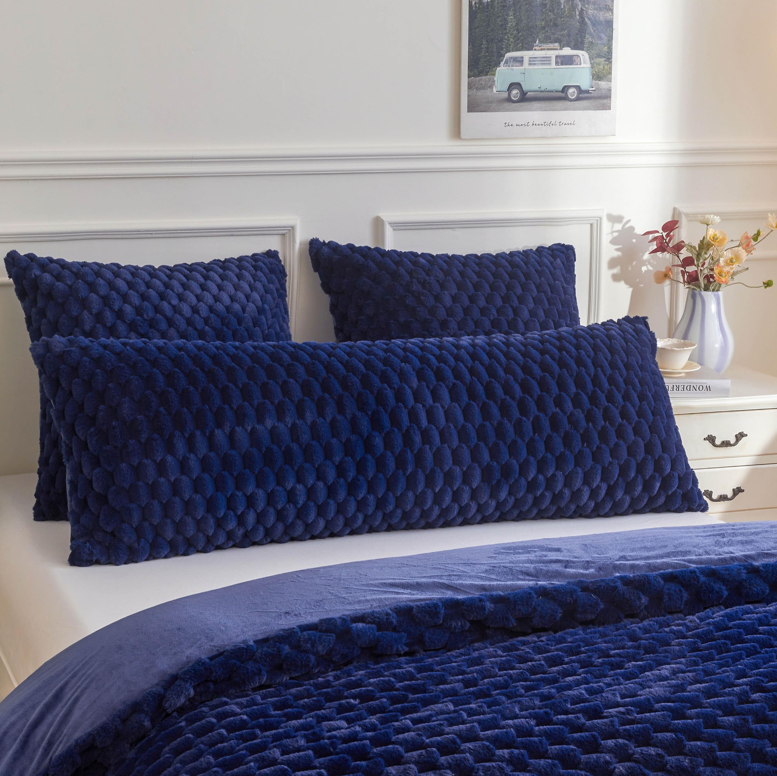 XeGe 3D Bubble Fluffy Faux Rabbit Fur Bolster Pillow Cover 4.6ft, Navy Blue
