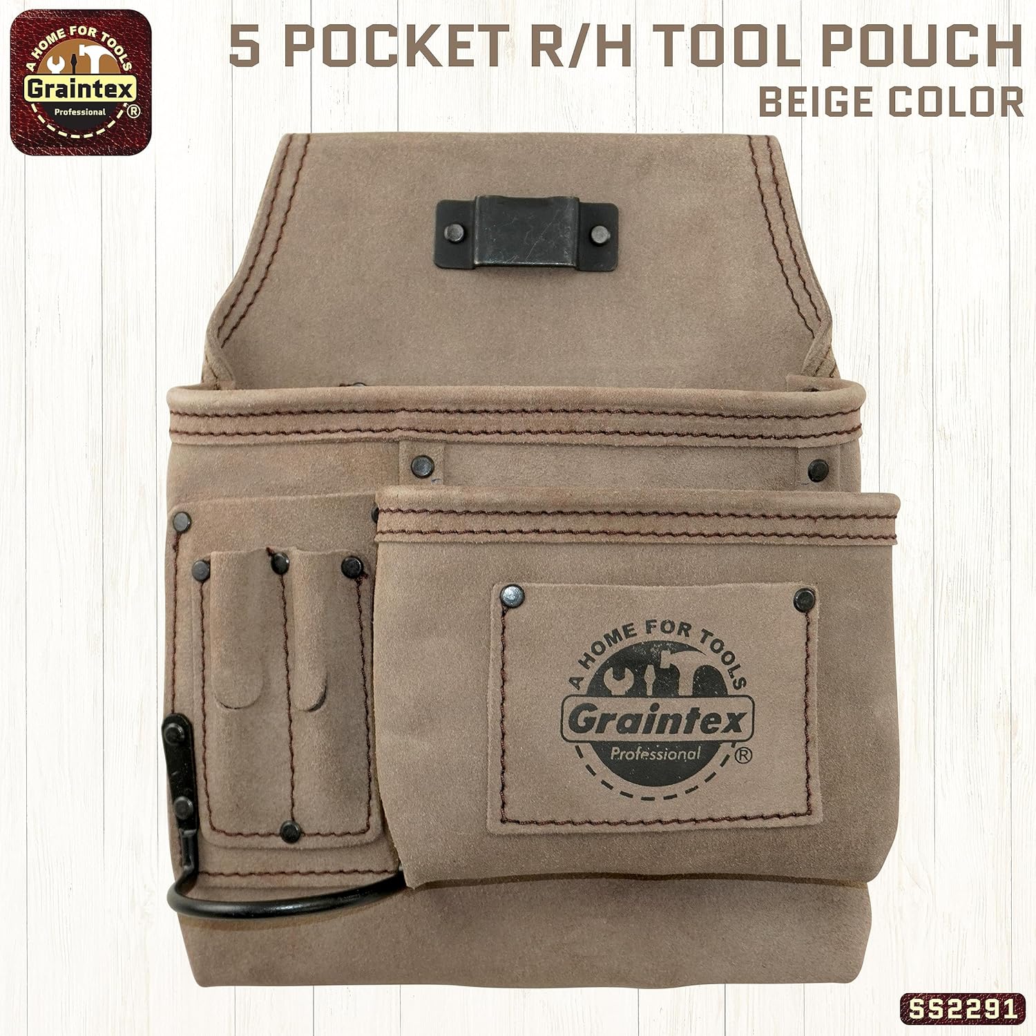 Graintex 5 Pocket Nail & Tool Pouch Suede Leather for Constructors, Electricians, Plumbers, Handymen