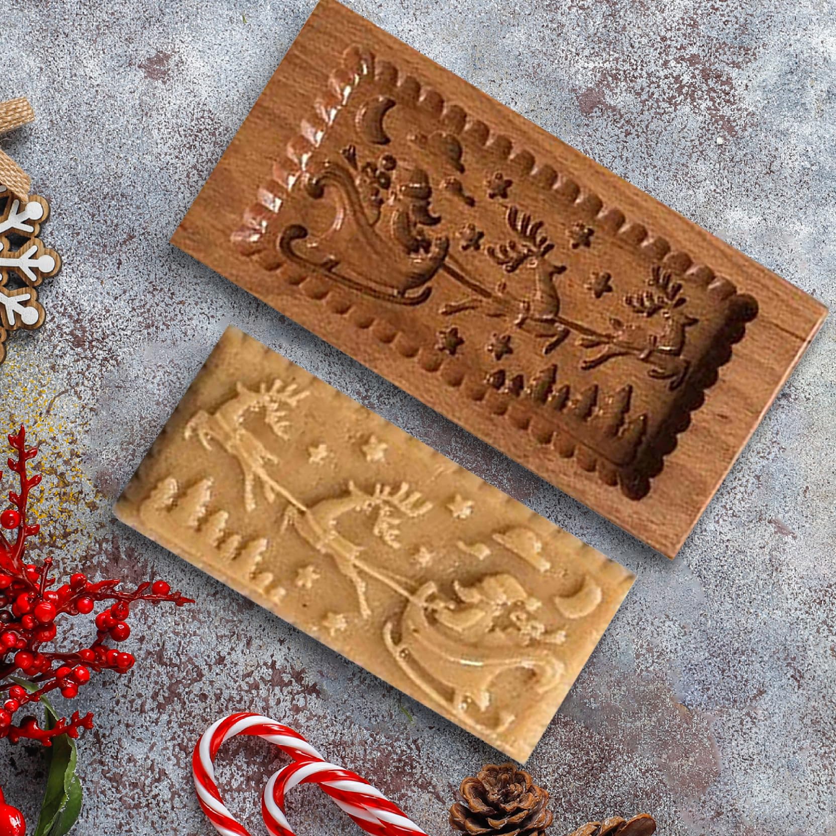 Christmas Cookie Stamps, Santa ? Reindeer Shape Wooden Cookie Molds Biscuit Embossing Press Stamps for Xmas Baking, Easter, Thanksgiving Kitchen DIY, Biscuit, Wooden Cookie Molds
