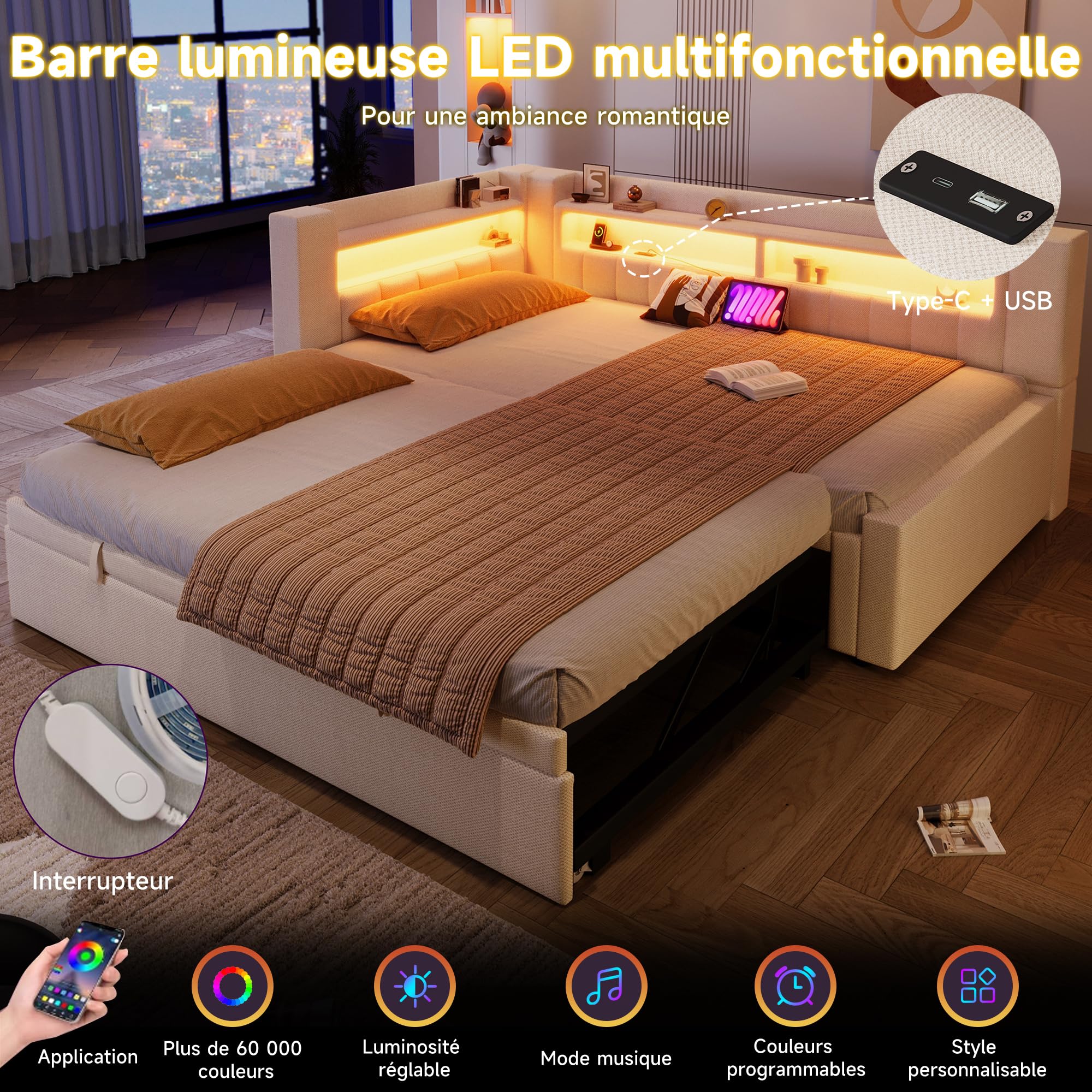 Canapé Lit 90x200 Extensible 180x200 Beige, Lit Gigogne Escamotable, LED Pilotable Tactile/Appli, Ports USB & USB-C, Banquette Tissu Lin Multifonction, Salon Studio Chambre Ami, sans Matelas