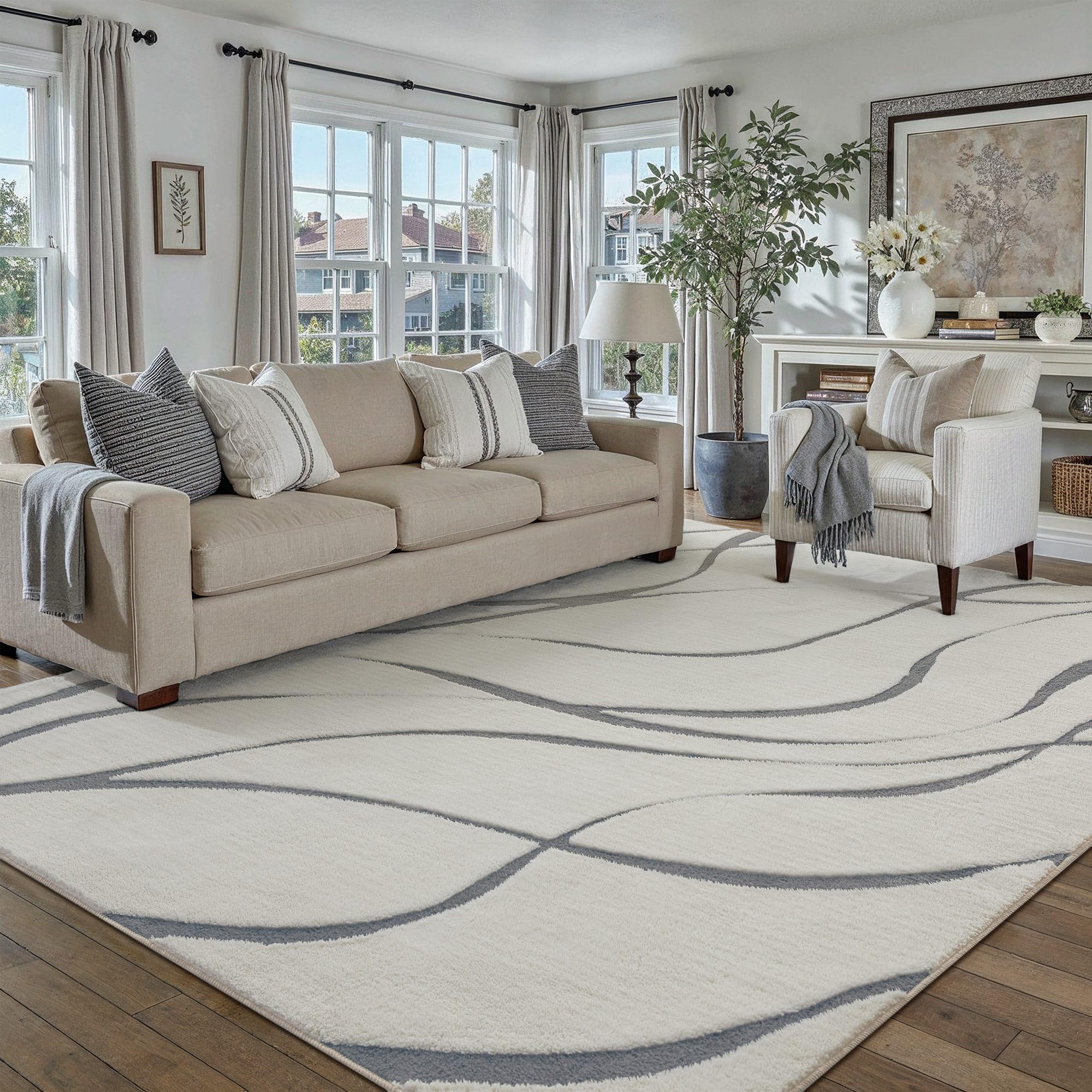 hugear shag area rug 5x7 grey & ivory washable living room bedroom rug non slip non-shedding soft plush medium pile large throw carpet for home office aesthetic modern decor