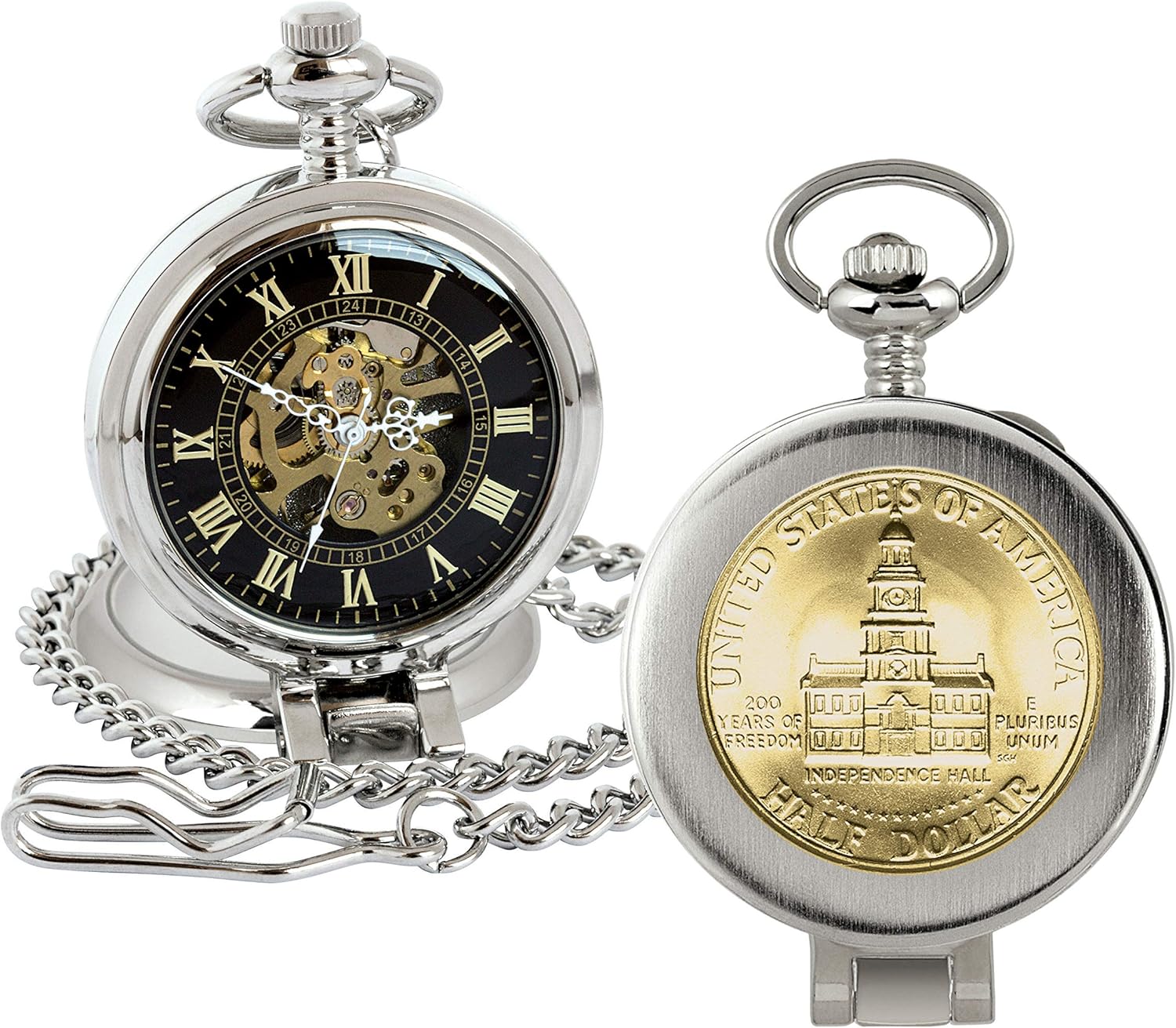 Coin Pocket Watch with Skeleton Movement | Gold Layered JFK Bicentennial Half Dollar | Genuine U.S. Coin | Sweeping Second Hand, Magnifying Glass | Silvertone Case | Certificate of Authenticity