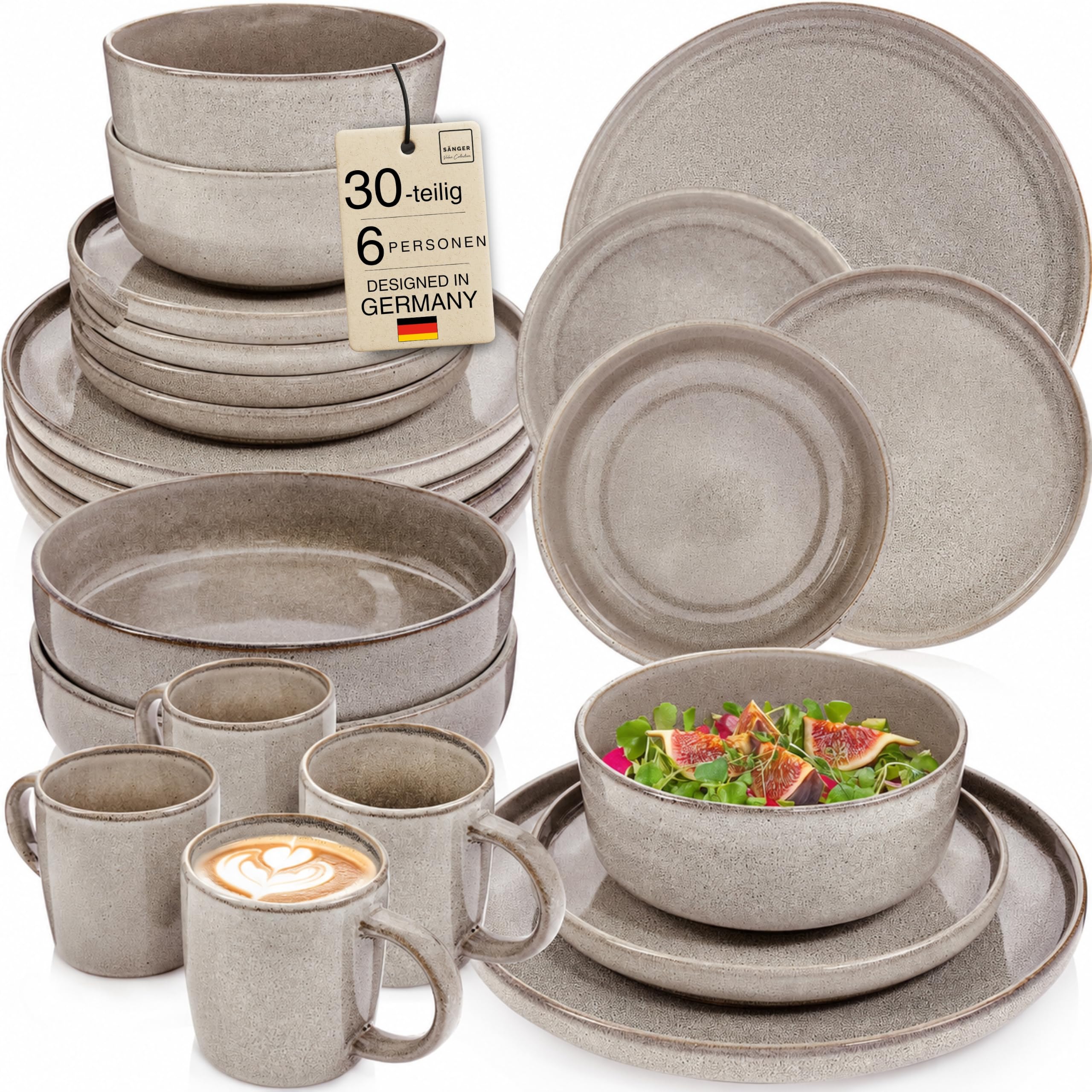 SÄNGER Kairo Clay | Kombiservice 6 Personen, Teller Set Kaffeebecher Pastaschale 30 tlg, Steingut Geschirr Set spülmaschinen- mikrowellen- kratzfest, Geschirrset aus Steingut | VALUE COLLECTION