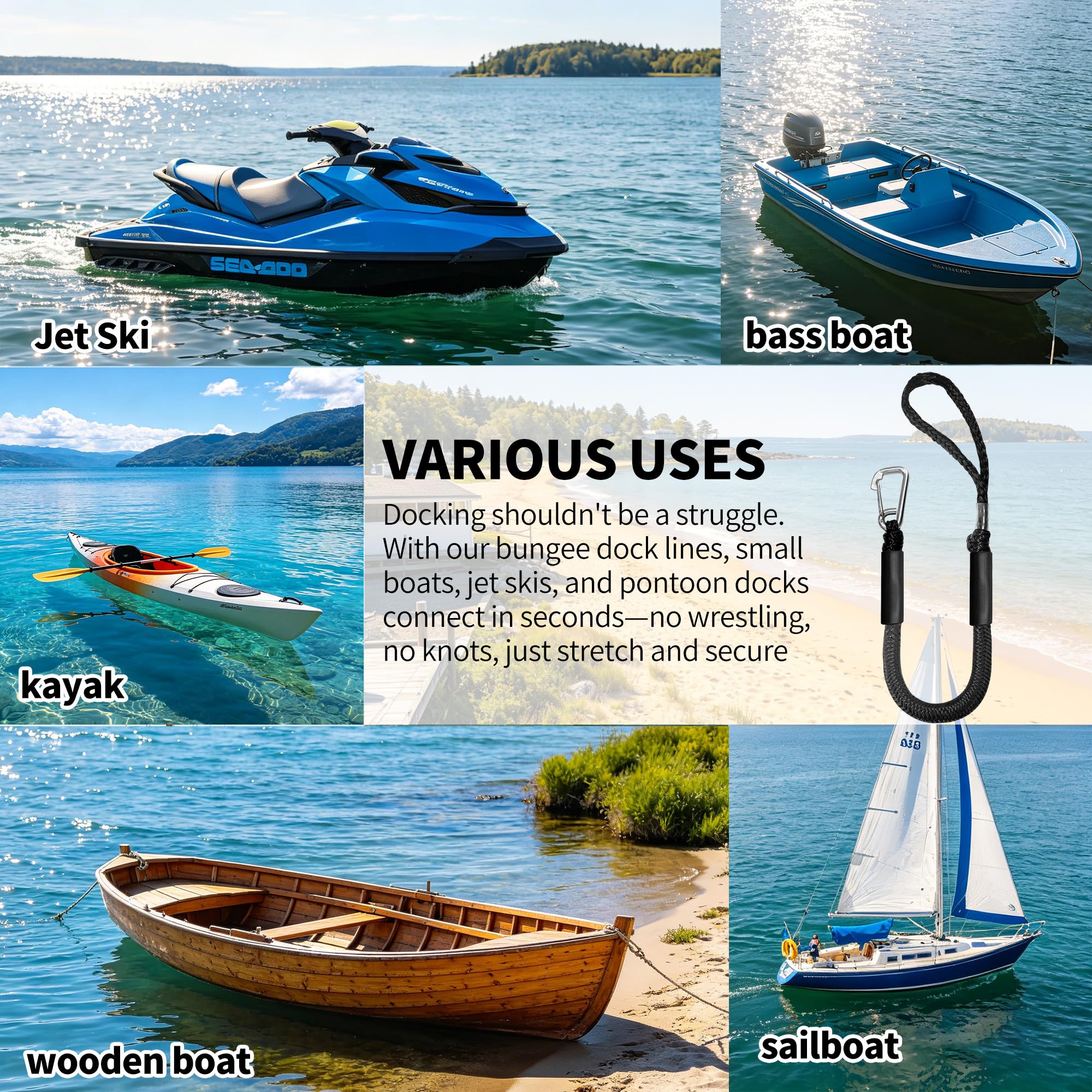 Bungee Boots-Dockleine, dehnbares Festmacher-Seil, Bungee-Docking-Seil, Bungee-Seil, Docking-Seil, 1,2 - 1,5 m mit Clip und Schaumstoff-Schwimmer, 2 Stück, Schwarz