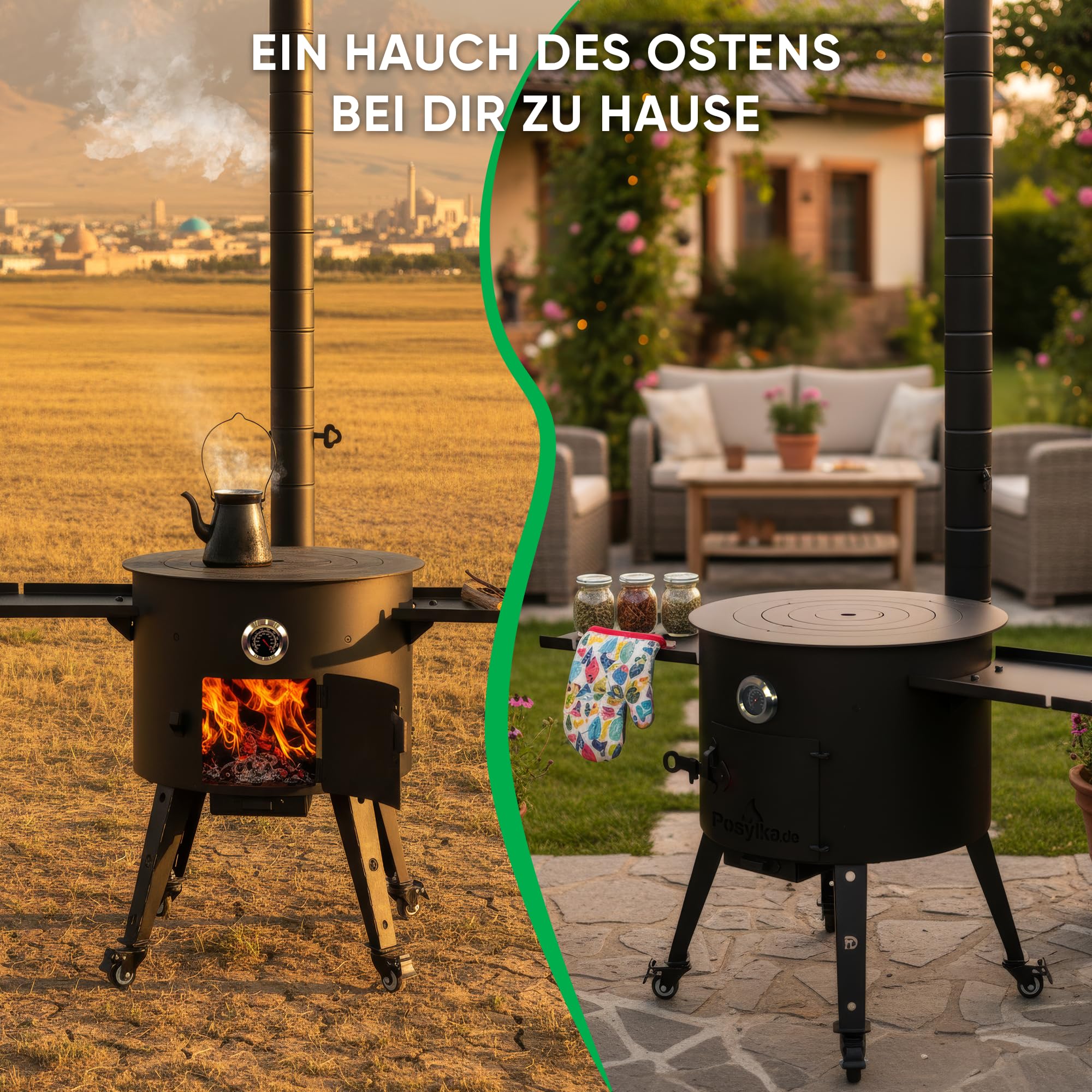 Utschak Feuerofen Ø 49cm für Kazan Wok 22L | Uchag mit Abzugsrohr & Rohrverlängerung, Ablagetisch, Räder | Учаг Feuerschale Gulaschkanone | Usbekische Plov Kasan Grill Feldküche (Mit Adapter-Ringen)