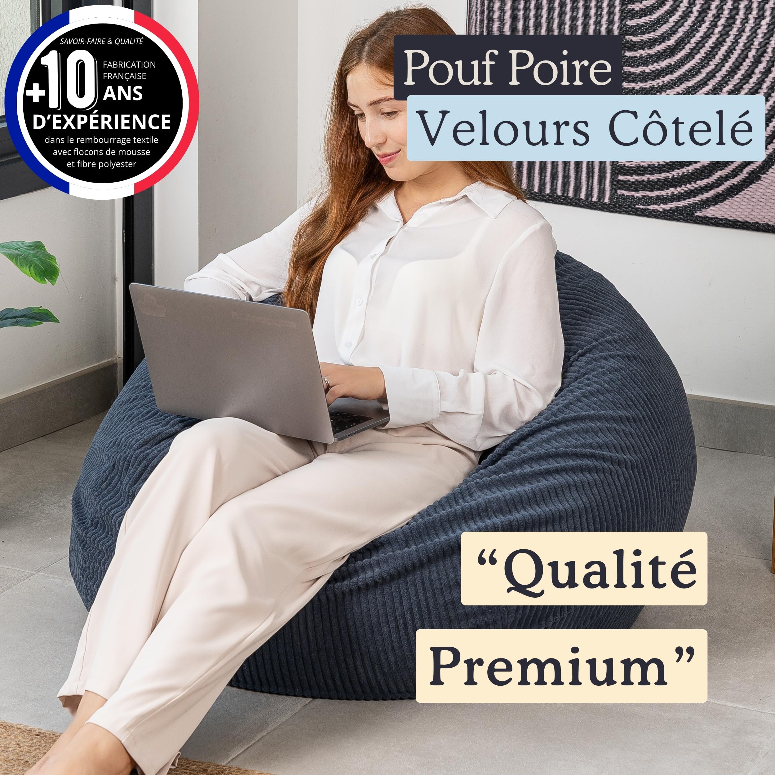 bananair Pouf Poire en Velours Côtelé - Fabriqué en France - Doux, Confortable, Facilement Transportable & Housse Lavable – Gros Pouf Salon/Chambre pour Adulte, Ado, Enfant (120 x 100 cm, Bleu foncé)