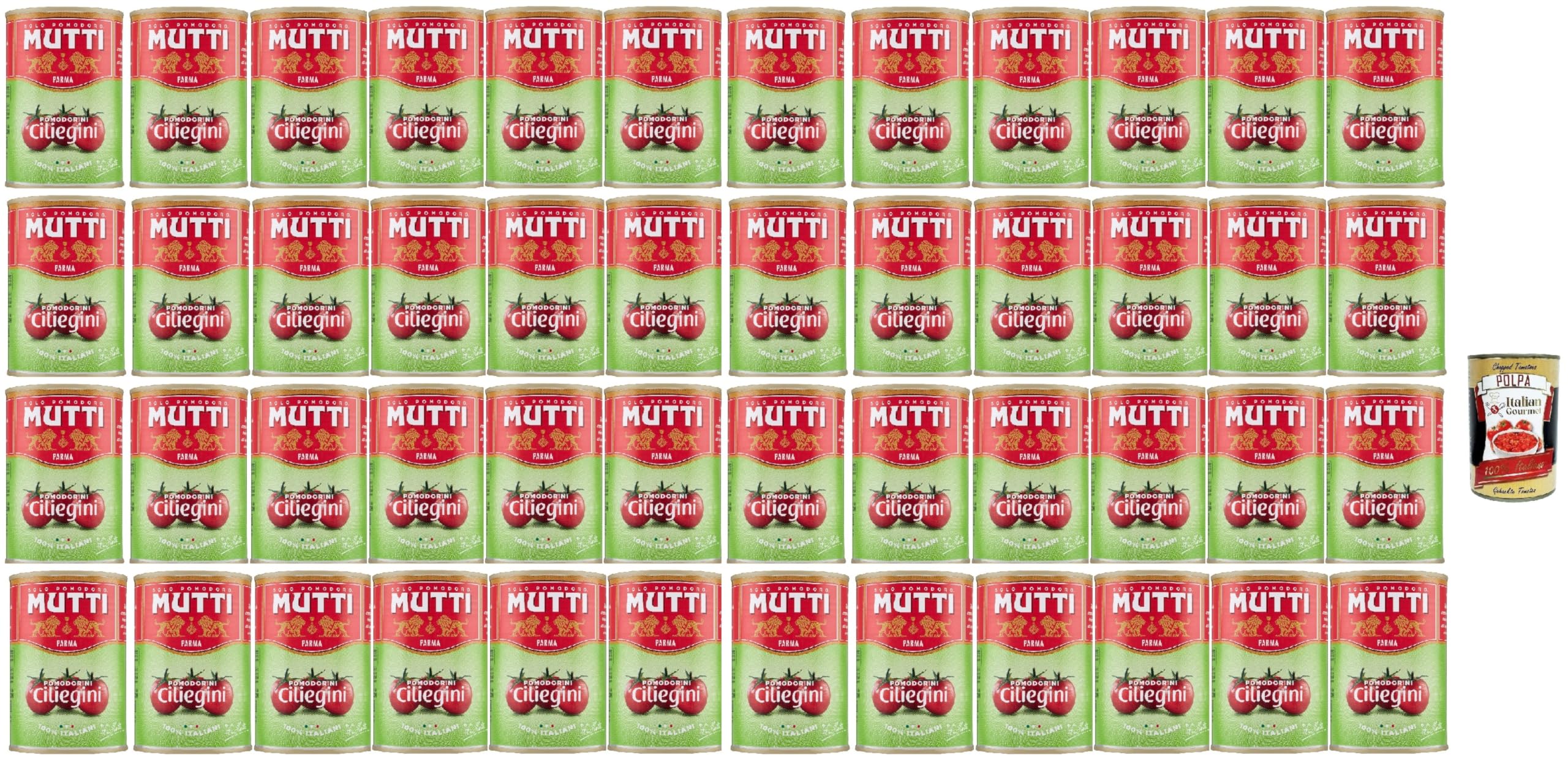 Italian Gourmet Pomodorini Ciliegini, rote Kirschtomaten in Dose 48 x 400g | Piccoli e saporiti; 100% italienische Ernte für Sugo, Pizza, Suppen und, Gesamtnettogewicht 19,2 kg + Kostenlos Polpa 400g