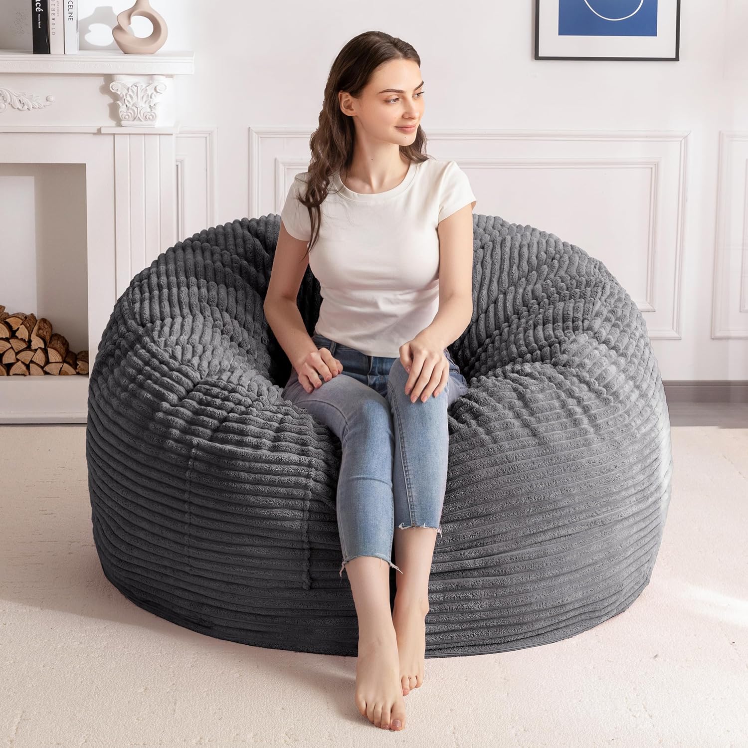 MAXYOYO Bean Bag Chair for Adults, Large 4 ft Bean Bag Chair with Foam Filling, Ultra Soft Fur Lazy Sofa for Living Room, Bedroom, Machine Washable Cover 4FT Corduroy Grey