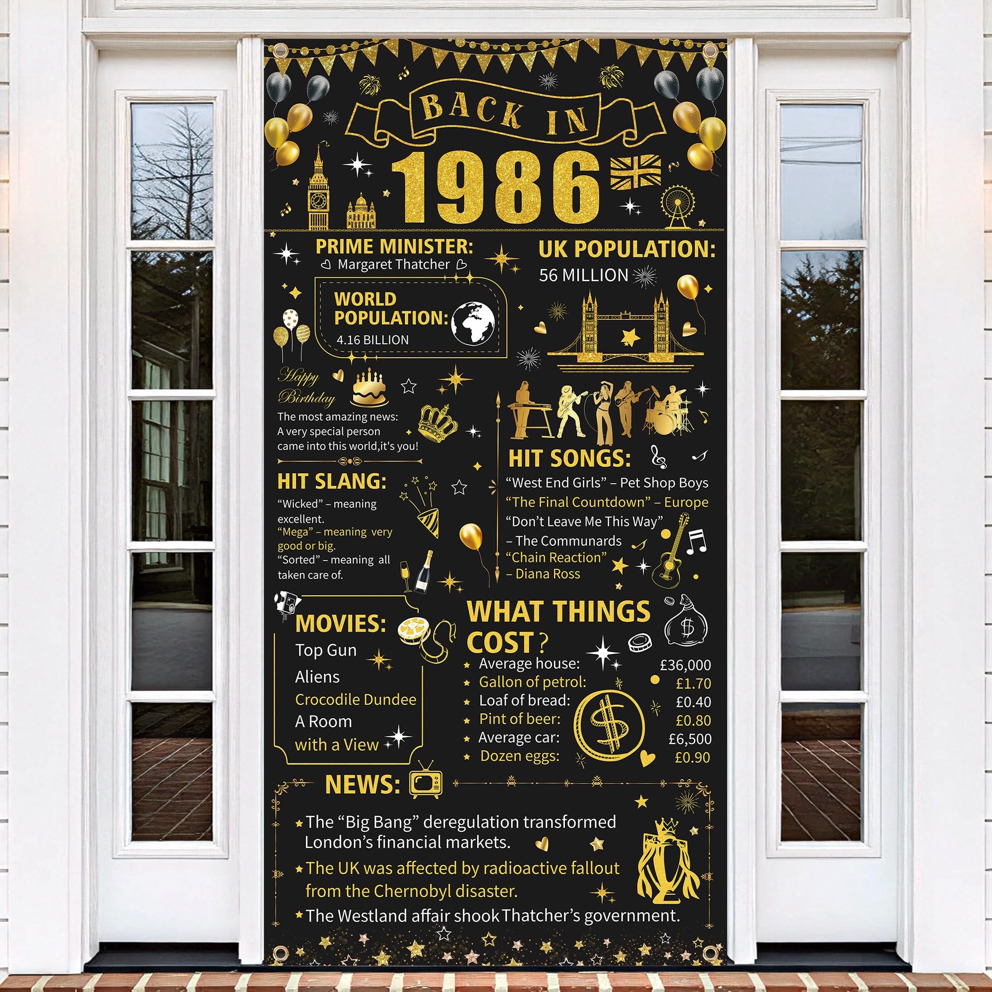40th Birthday Door Cover Decorations, Black Gold Back in 1986 Banner Poster 90x180cm, Party Background for Men Women 40 Birthday Celebration