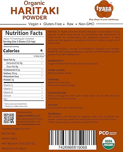 Miniatura 2 de Iyasa Holistics Haritaki orgánico fruta en polvo Harde Harad Terminalia chebula Kadakapudi 8 oz 225 Gm Digestión Gas Alivio Función intestinal