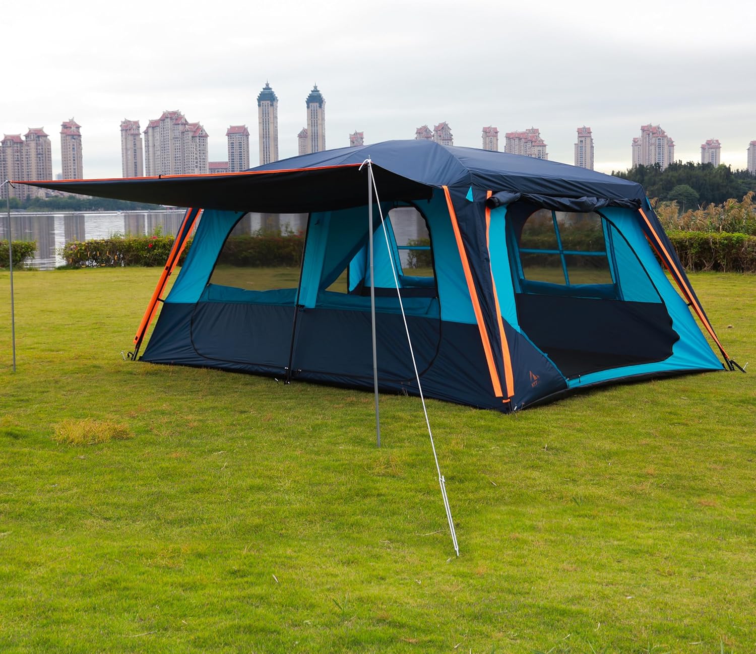 KTT Extra Large Tent 12 Person,Family Cabin Tents,Awning,2 Rooms,4 Doors and 4 Windows with Mesh,Straight Wall,Waterproof,Double Layer,Big Tent for Outdoor,Picnic,Camping,Family Gathering