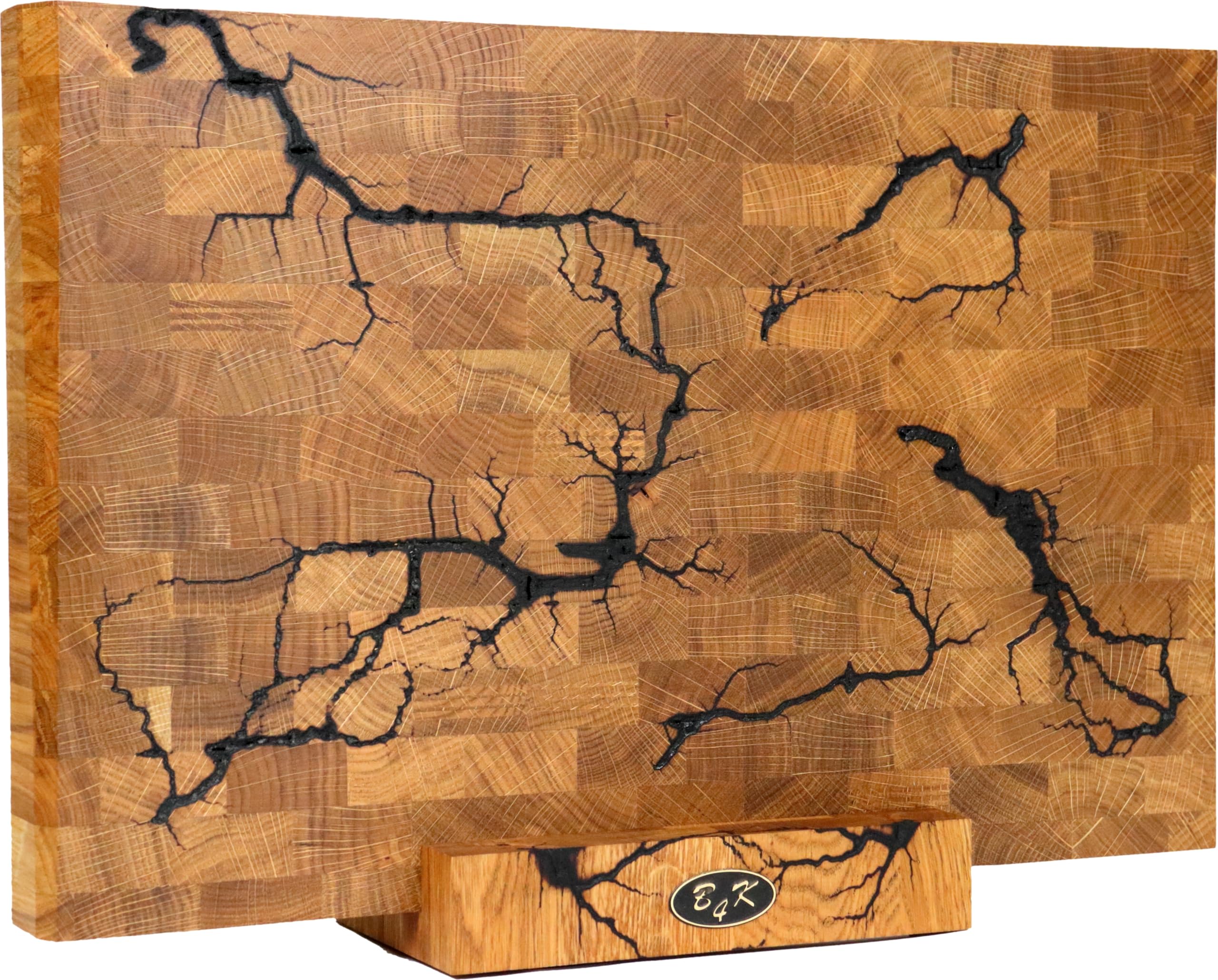 B4K® Hackblock mit Ständer aus Eiche 45x30x4 cm | Lichtenberg-Blitze Design | Premium Hirnholzbrett mit Griffen | Handgefertigtes Schneidebrett | Antibakteriell & Messerschonend