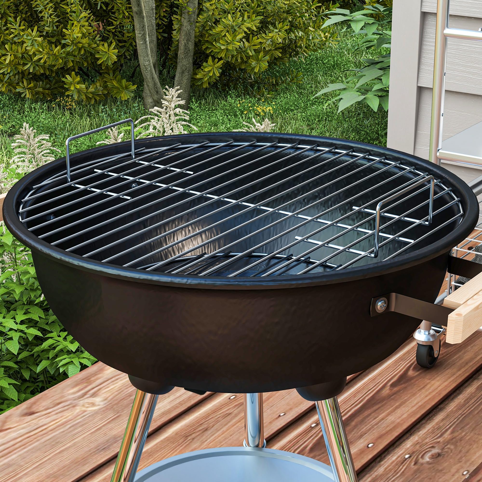 Outsunny Barbacoa de Carbón Vegetal con Ruedas Parilla de Carbón BBQ Portátil Tapa y Tazón Esmaltados Mangos de Madera 48x56x94 cm para Jardín Exterior Picnic Acampada