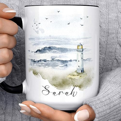 Miniatura 5 de Personalized Name Lighthouse Seascape Ceramic Coffee Mug, 11 or 15 oz