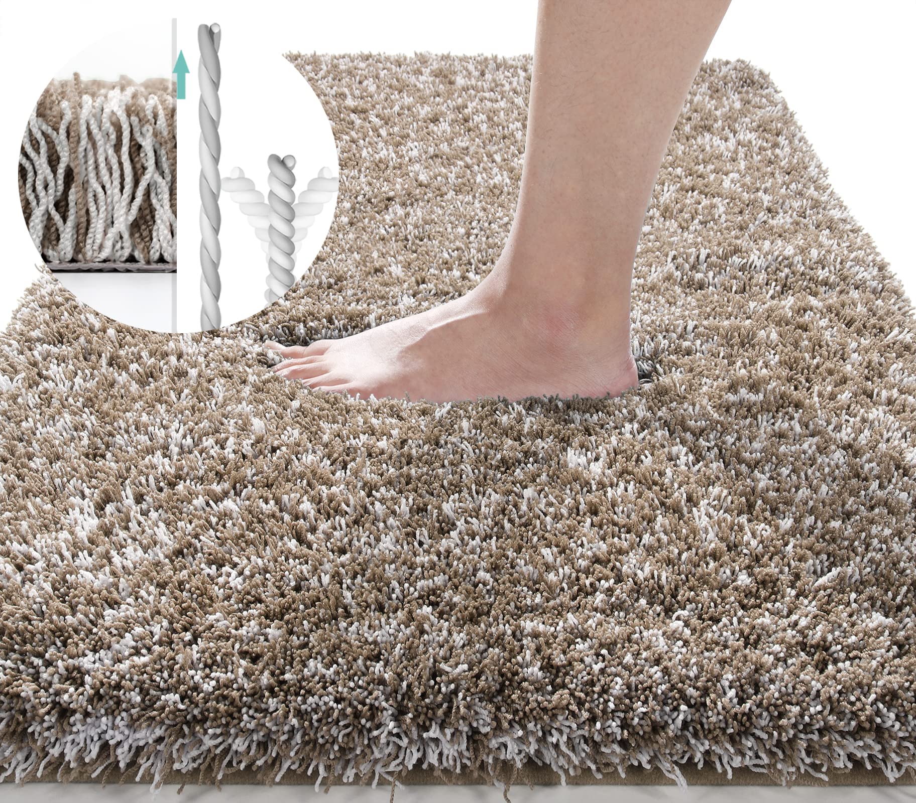 Yimobra Plush Thick and Soft Cut Pile Bathroom Mats, Super Shaggy Comfortable Quick Water Absorbing Non Slip Bath Rugs, Ultra Plush Thick with Machine Washable Bath Mat, 36"x 24", Light Brown