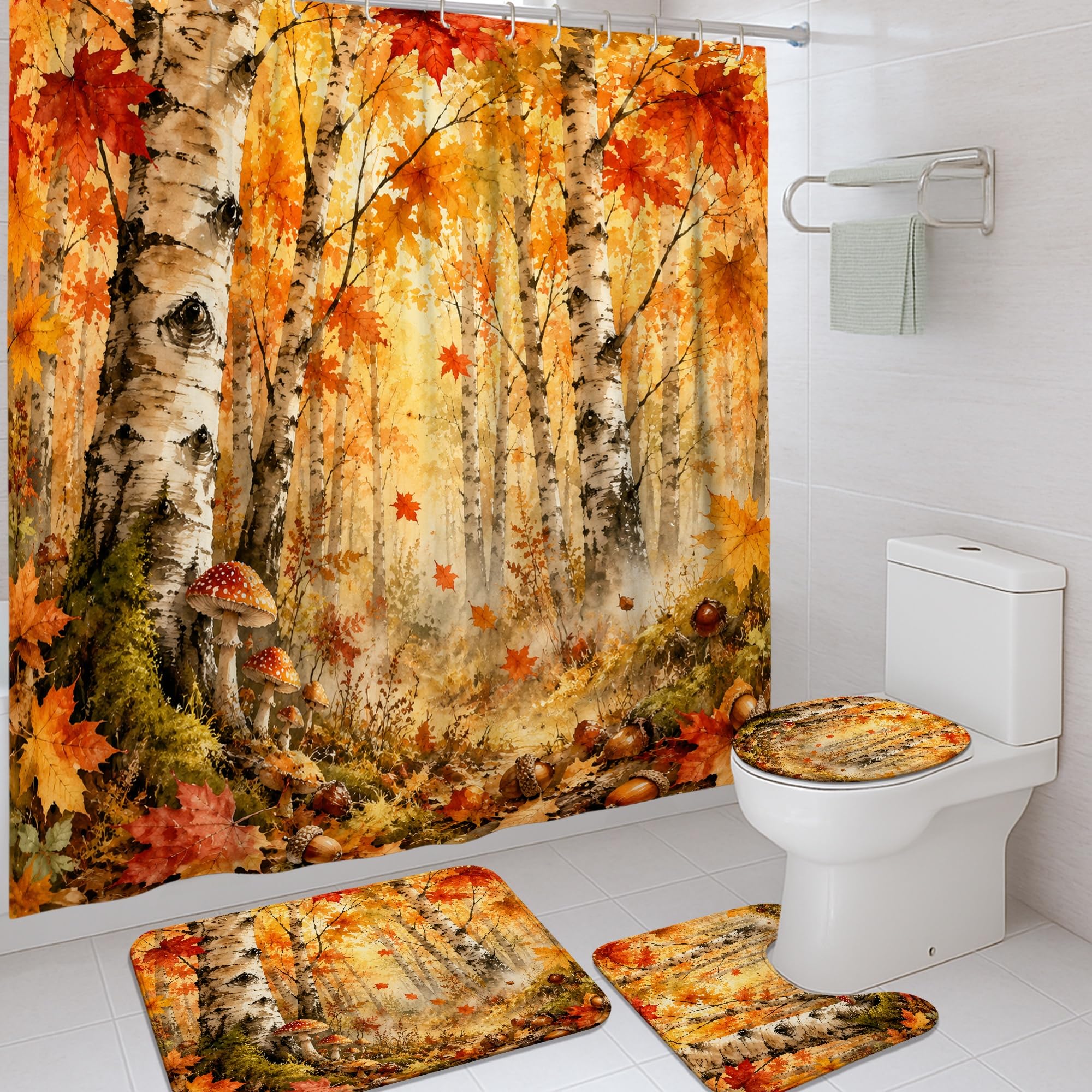 Rideau de douche feuilles rouges et champignons orange en tissu polyester rustique