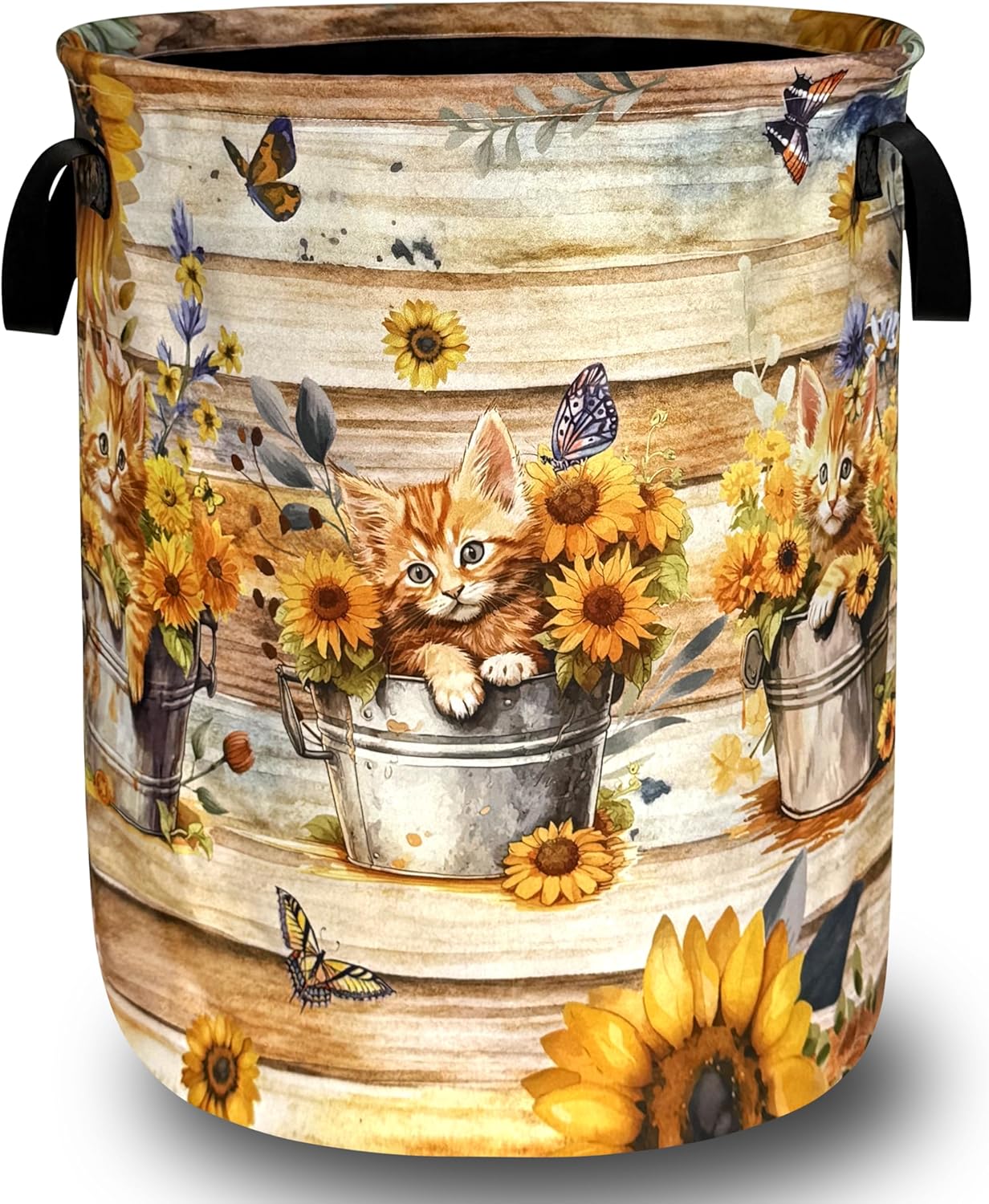 Cats Laundry Hamper Oxford Cloth Sunflowers Animal Cats Laundry Basket With Handle Portable Clothes Storage Basket Foldable Funny Laundry Bag 18.9"x16.5" For Laundry Room/Bedroom/Bathrooms