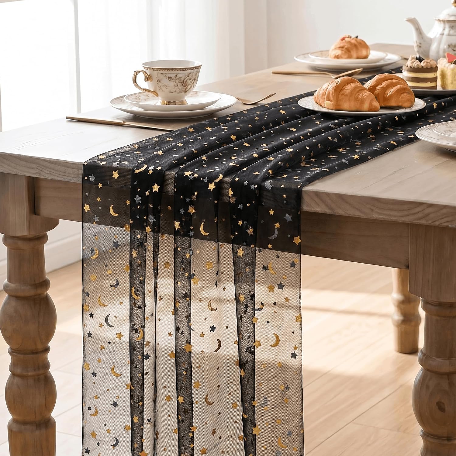 Artoid Mode Black Gauze Stars Moon Table Runner 10FT, Glitter Metallic Foil Sheer Dining Wedding Anniversary Holiday Birthday Table Decor for Home Party