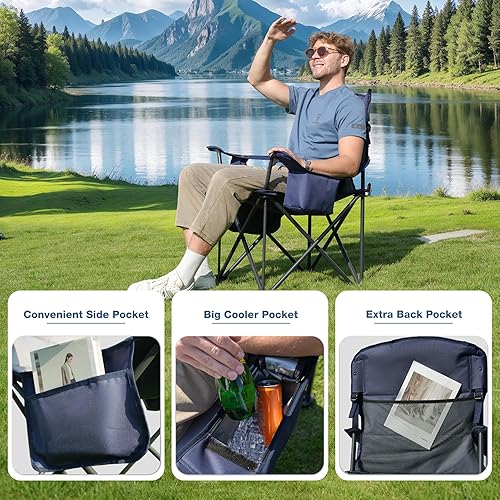 Miniatura 4 de Paquete de 2 sillas de campamento plegables de gran tamaño, soporte resistente de 500 libras, silla para exteriores con portavasos de almacenamiento