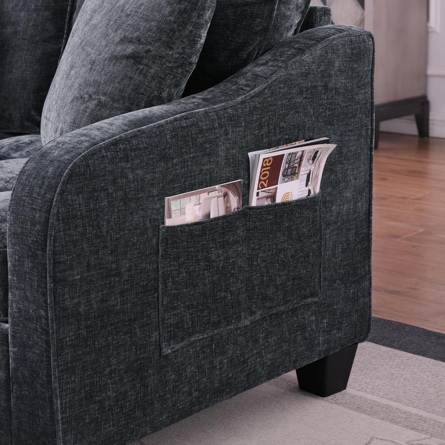 ERYE Chenille Tufted Loveseat Sofa and Ottoman Set, Tufted Recliner Sleeper Chaise Lounge with Curved Storage Ottoman,Reclining Backrest and Side Pockets, 4 Pillows