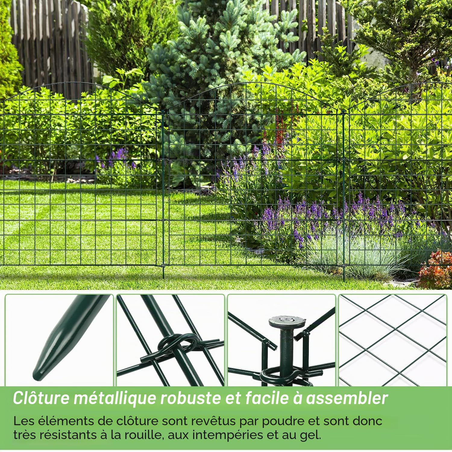 Sonnewelt Clôture enfichable Clôture de jardin en métal Éléments de clôture Enclos d’animaux Clôture extérieure pour chiens 15 éléments de clôture 18 barres de fixation (vert, arche supérieure)