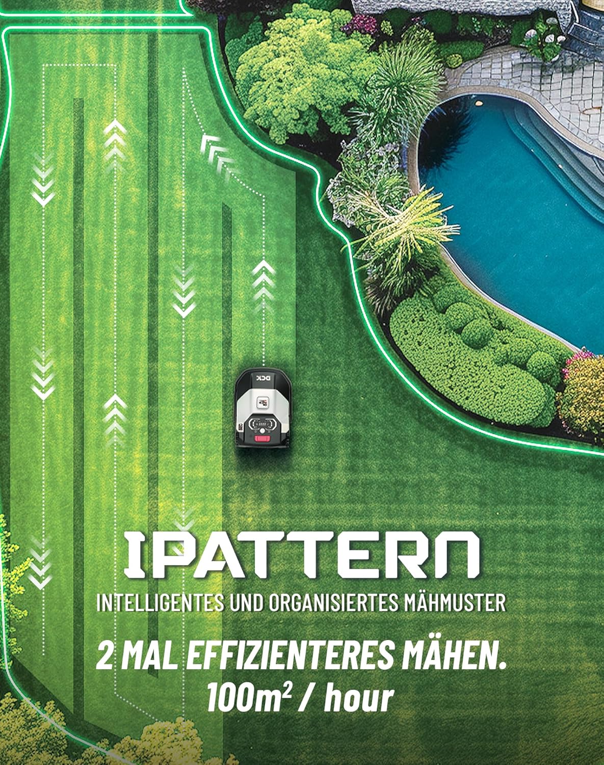 Robotic lawn mower navigating a narrow 80cm passage.