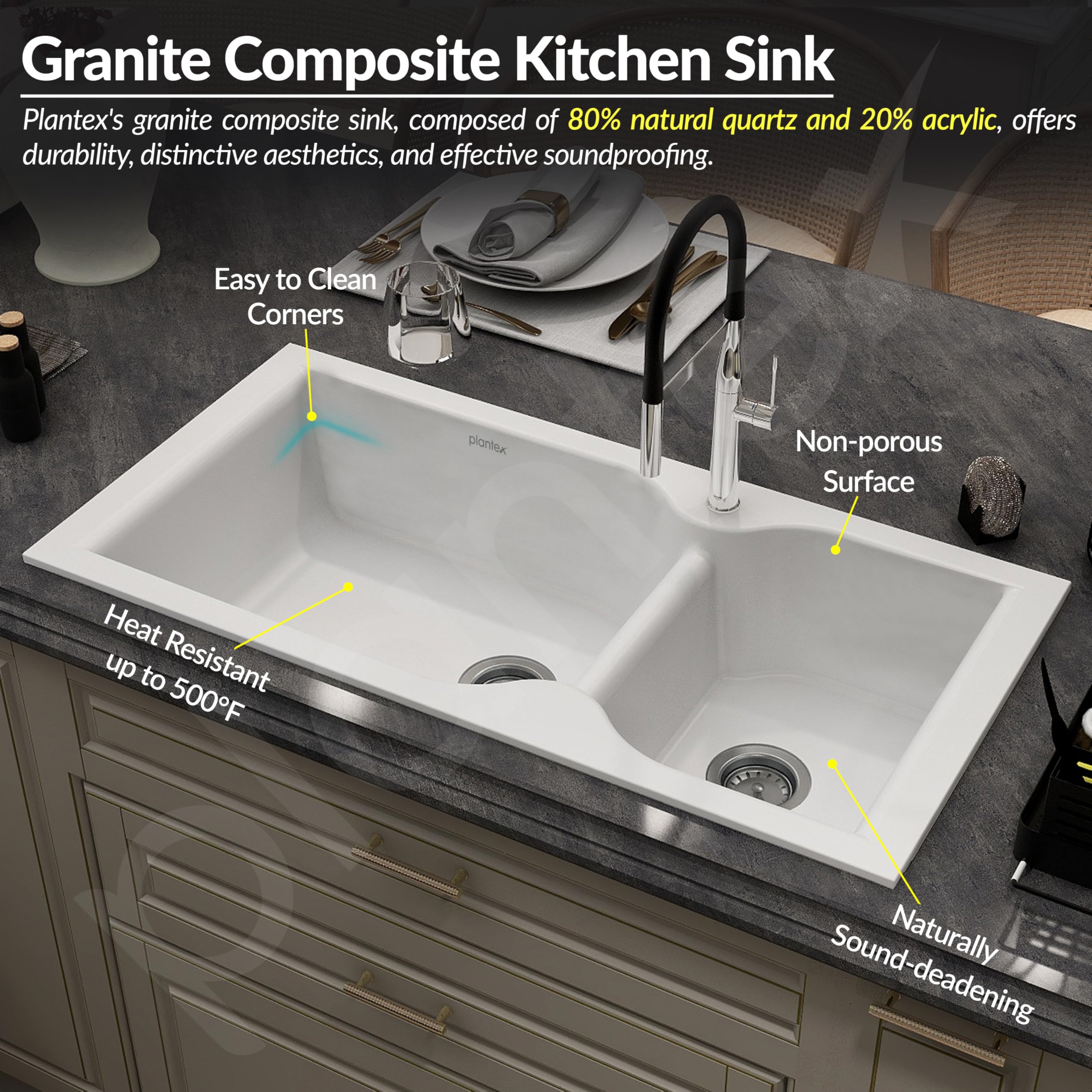 Plantex Quartz Kitchen Sink - Double Bowl, 10-Year Warranty -5