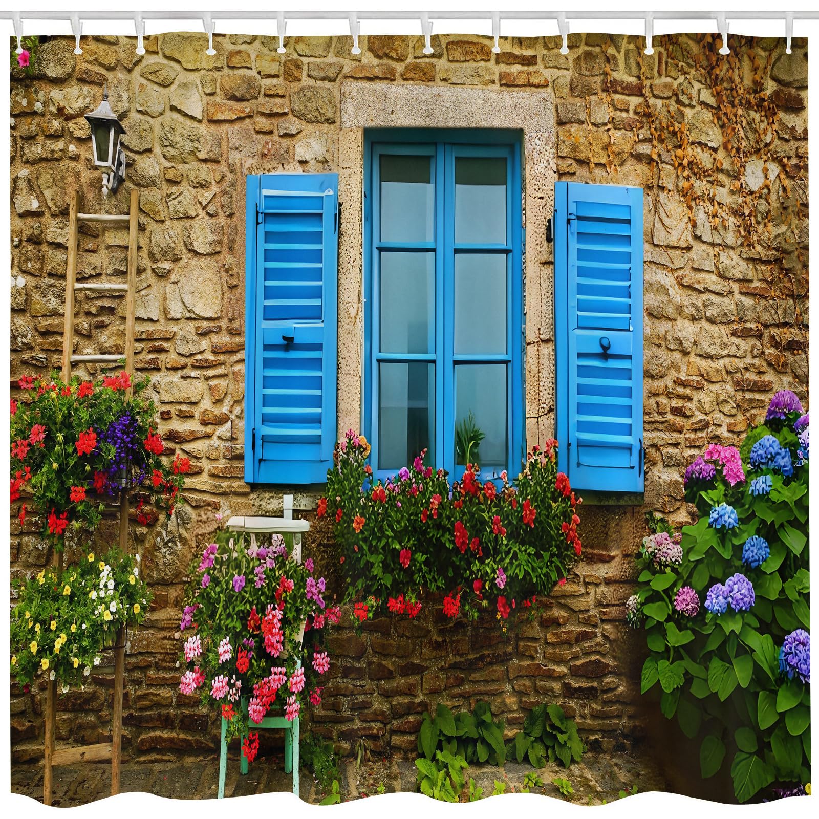 Qucarder Garden Shower Curtain Stone Wall and Blue Window and Flowers Bath Curtain 3D Outdoor Waterproof Shower Curtains for Bathroom Decor with 12 Hooks 66x72 Inch