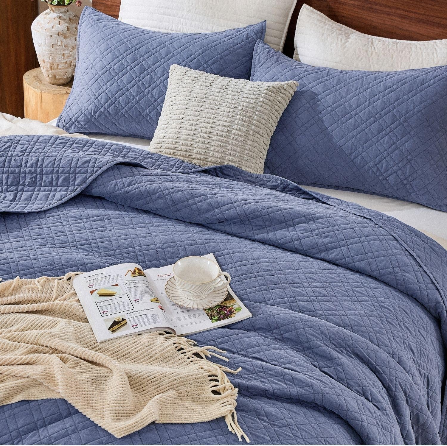 DOWN HOME Queen Quilt Set with Shams Lightweight Quilted Bedspread Coverlet Thin Comforter Bed Cover Vintage Washed Quilted Blanket for All Season, Brushed Microfiber Diamond Stitching, Blue, 88"x92"