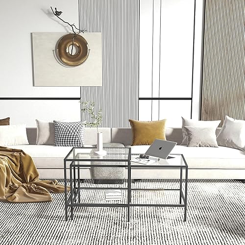 Miniatura 8 de DEKOPRATIK - SEVAY 2 juegos de mesa auxiliar de cristal, mesa auxiliar rectangular cuadrada negra, mesa central simple y moderna para sala de estar,