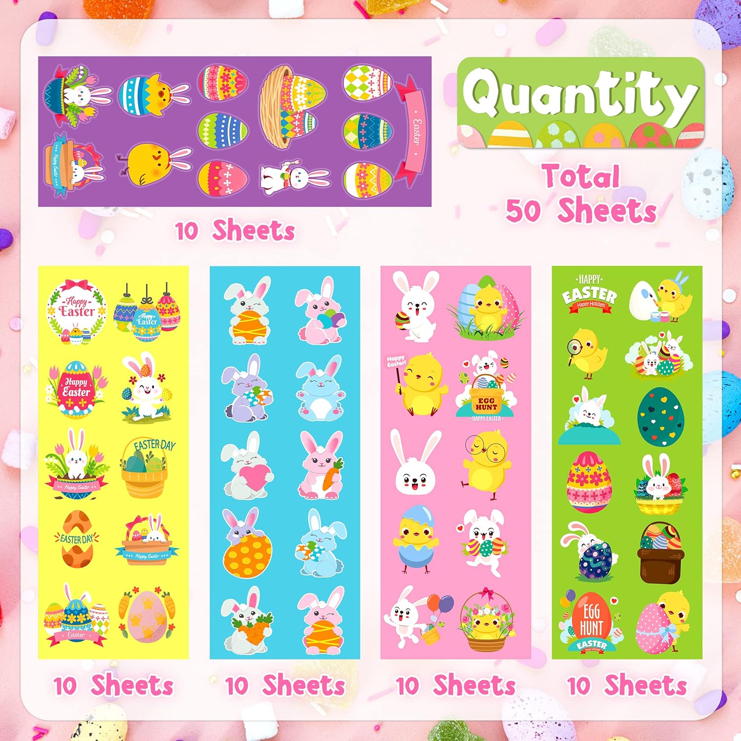 LINAYE 50 Sheets Easter Stickers for Kids - 550PCS Assorted Easter Stickers Bulk for Egg Treats Basket Stuffers Gift Party Favor Supplies for Kids