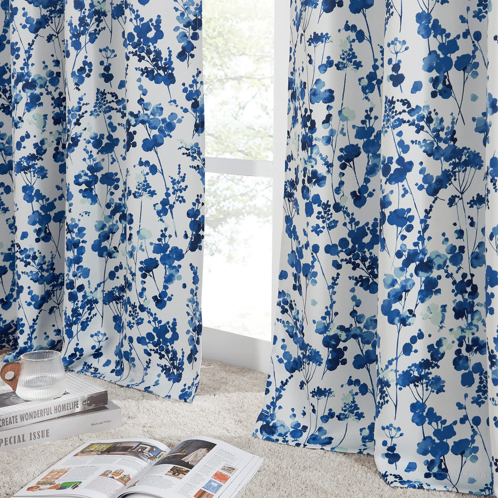 KGORGE Printed Curtains Watercolor Dots Arts Style - Room Darkening Farmhouse Garden Window Treatment Panels for Kitchen Dining Decoration, 1 Pair, 52 W x 63 L, Dark Blue — image 1