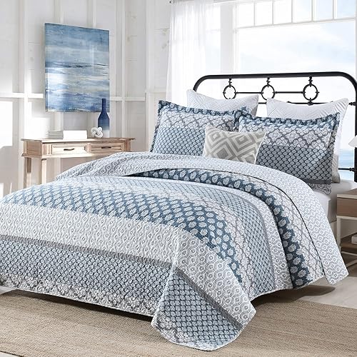 Miniatura 2 de SahSahCasa Juego de edredón tamaño King, 100% algodón, bohemio, juego de ropa de cama, colcha reversible bohemia a rayas ligeras para todas las