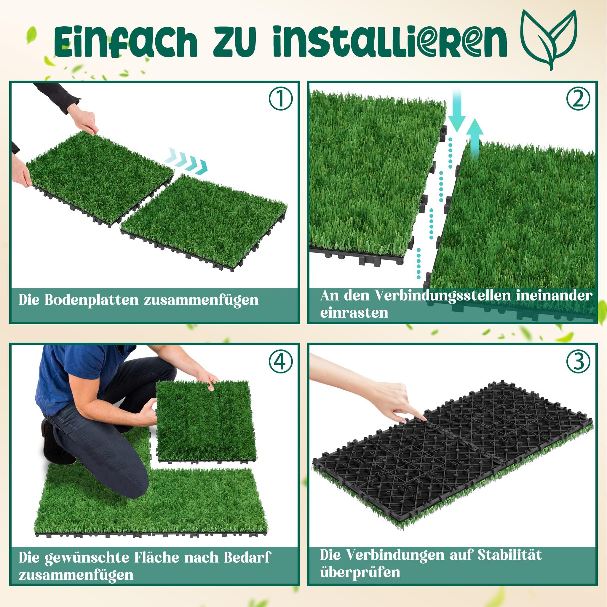 Kunstrasen Fliesen 30×30 cm, 11 Stück – 40 mm hoher Outdoor Kunstrasenteppich mit Drainagelöchern, UV-beständig & wetterfest – Künstlicher Rasen für Balkon, Garten & Terrasse