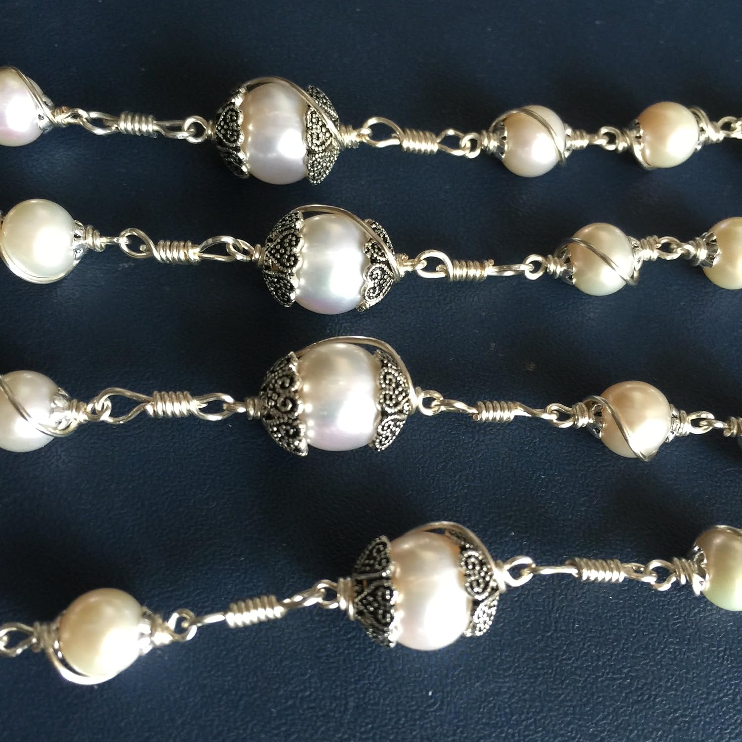 elegantmedical HANDMADE Wire Wraped Bali 925 Sterling Silver AAA+ 8-9mm Real Pearl Beads Catholic Rosary NECKLACE Cross crucifix Box