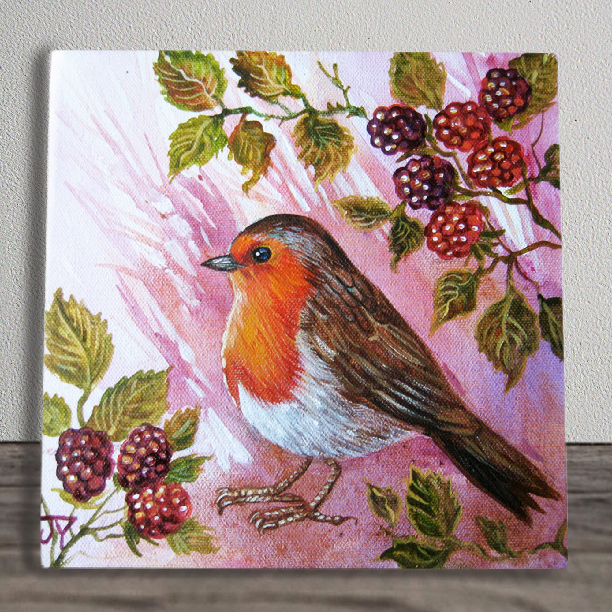 Robin Ceramic Tile Picture Plaque Sign in Hedgerow Robin By Judith Yates 20x20cm