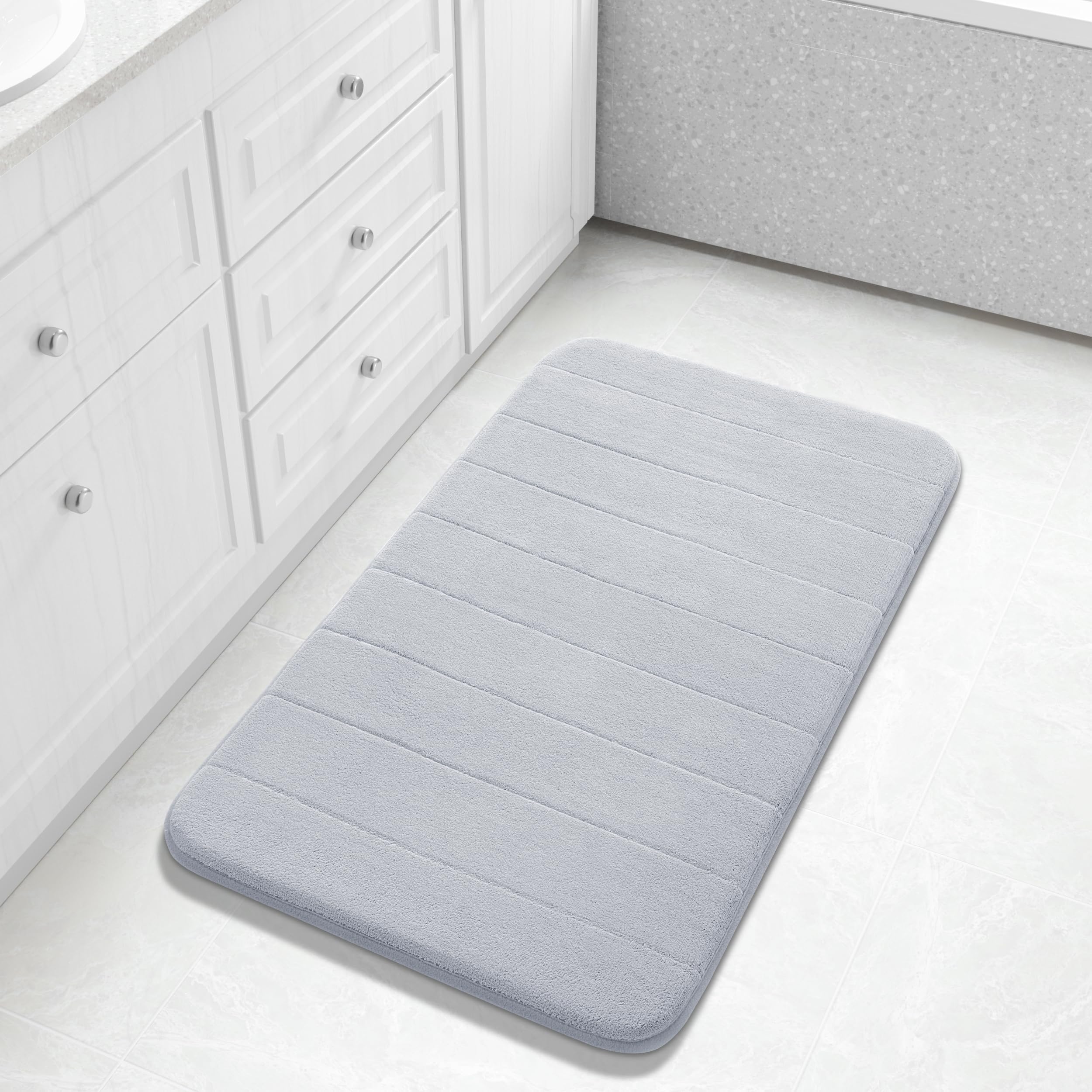 Large Bath Mat 36"x24", Super Soft Quick Dry Memory Foam Bathroom Rug, Water Absorbent, Non Slip Backing Machine Washable for Tub Shower, Thick Comfort Support, Silver