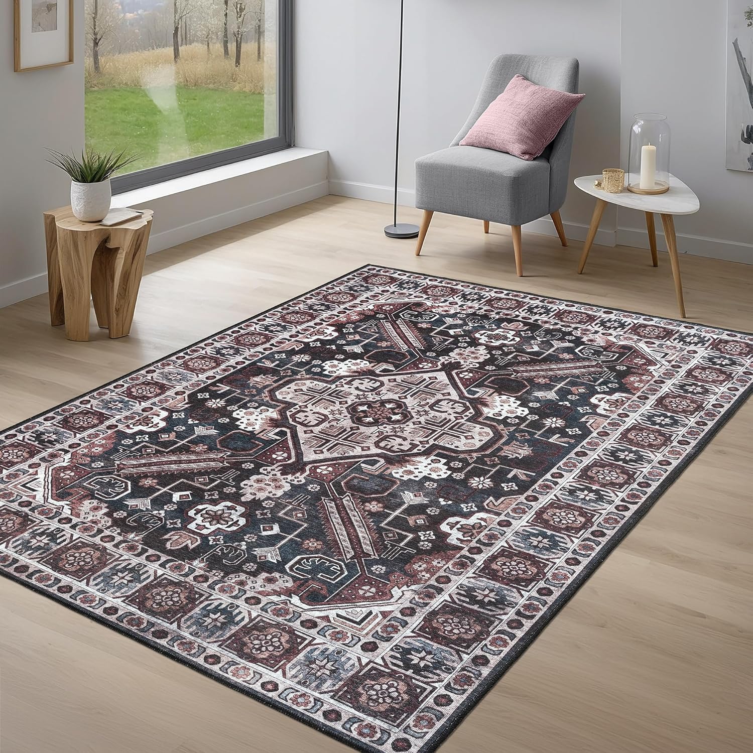 Adiva Rugs 3x5 Machine Washable Area Rug with Non Slip Backing for Living Room Bedroom Bathroom Kitchen Mats for Floor Decor Anti Fatigue Non Skid Door Carpet (Multi Black, 3' x 5') 3' x 5'2" (Rectangular) Multi Black Lvn 14