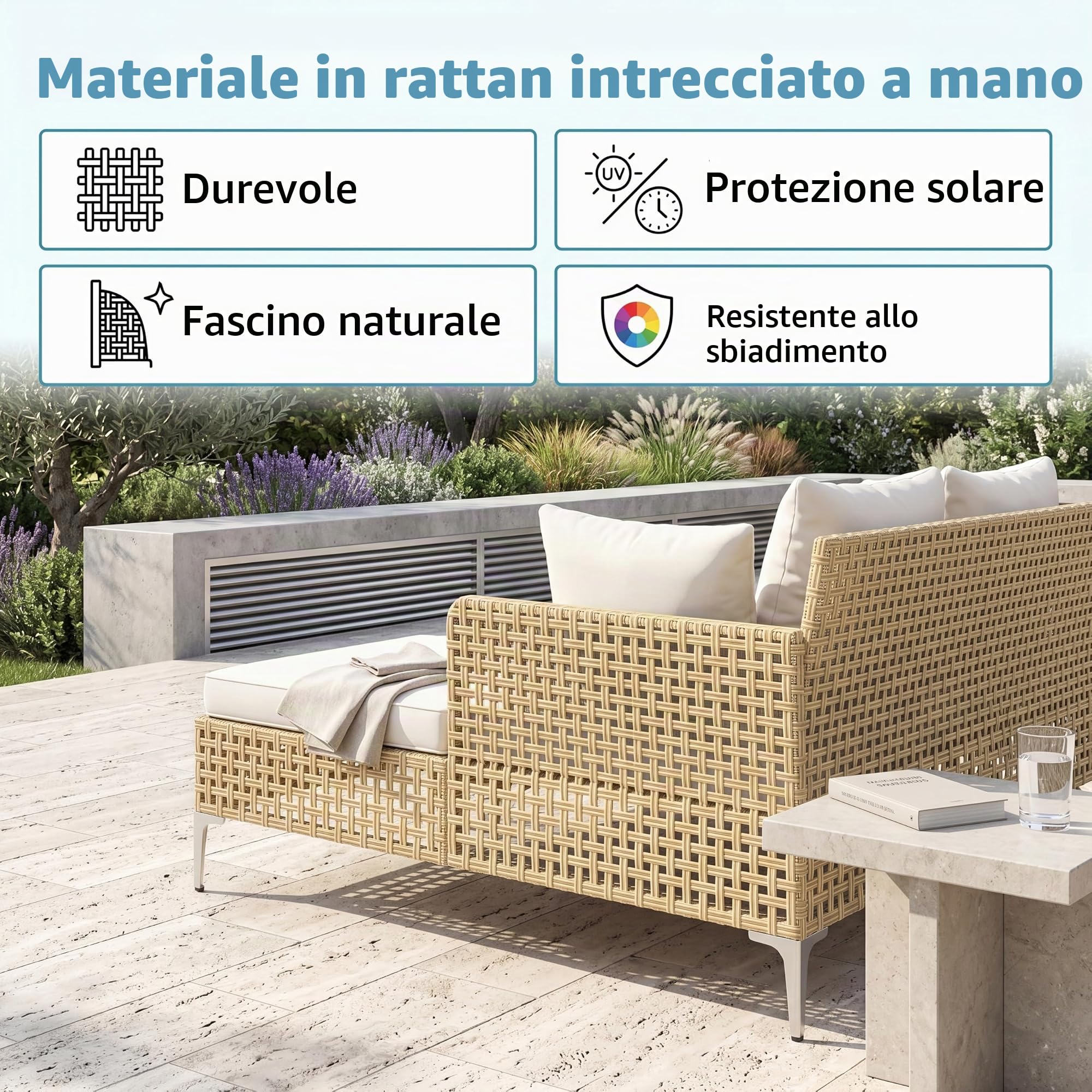 LIFEZEAL Lettino 2 Posti Prendisole in Rattan, Portata 360 kg | Lettino da Giardino con Cuscini, Struttura in Metallo, Piedini Regolabili, Divano da Esterno per Terrazza, Balcone, Piscina