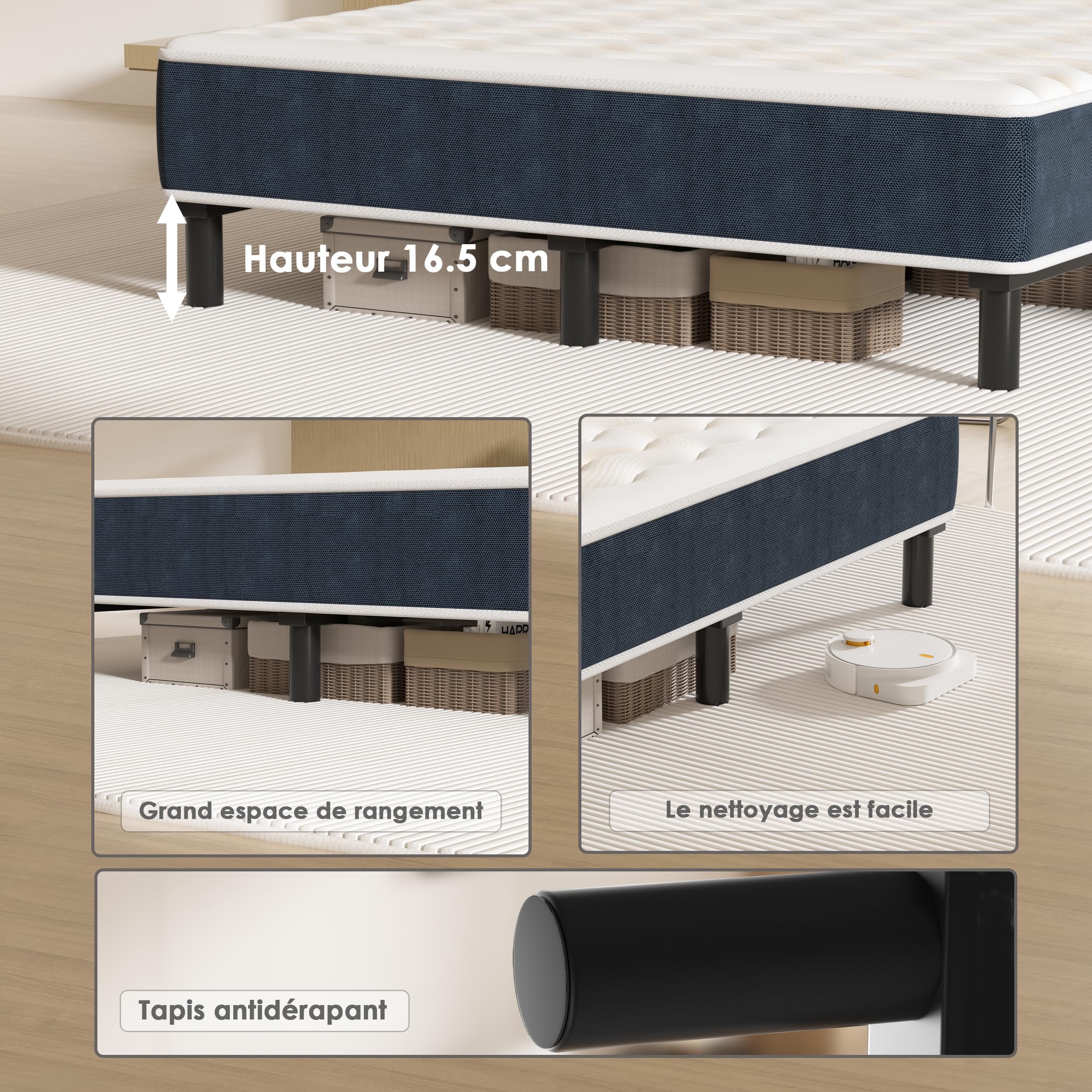 DEWINNER Ensemble Matelas 140 X 190 CM Mousse à Mémoire + Cadre Lit Fer 9 Pieds - Lit Complet Épaisseur 15cm 7 Zones