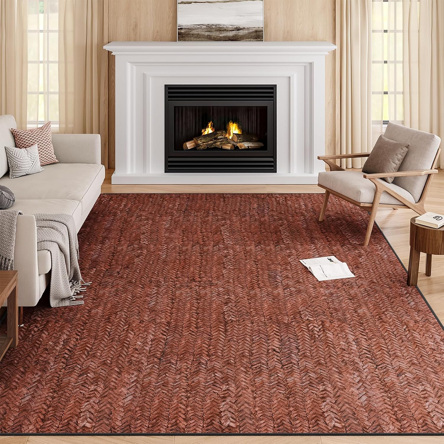 Eleisa Modern Vintage 8x10 Herringbone Chevron Area Rug for Living Room, Wine & Red, Non-Slip Stain Resistant Washable Rug, Farmhouse Home Decor Carpet for Bedroom, Kitchen, Dining Room Wine 8' x 10' (Rectangular)