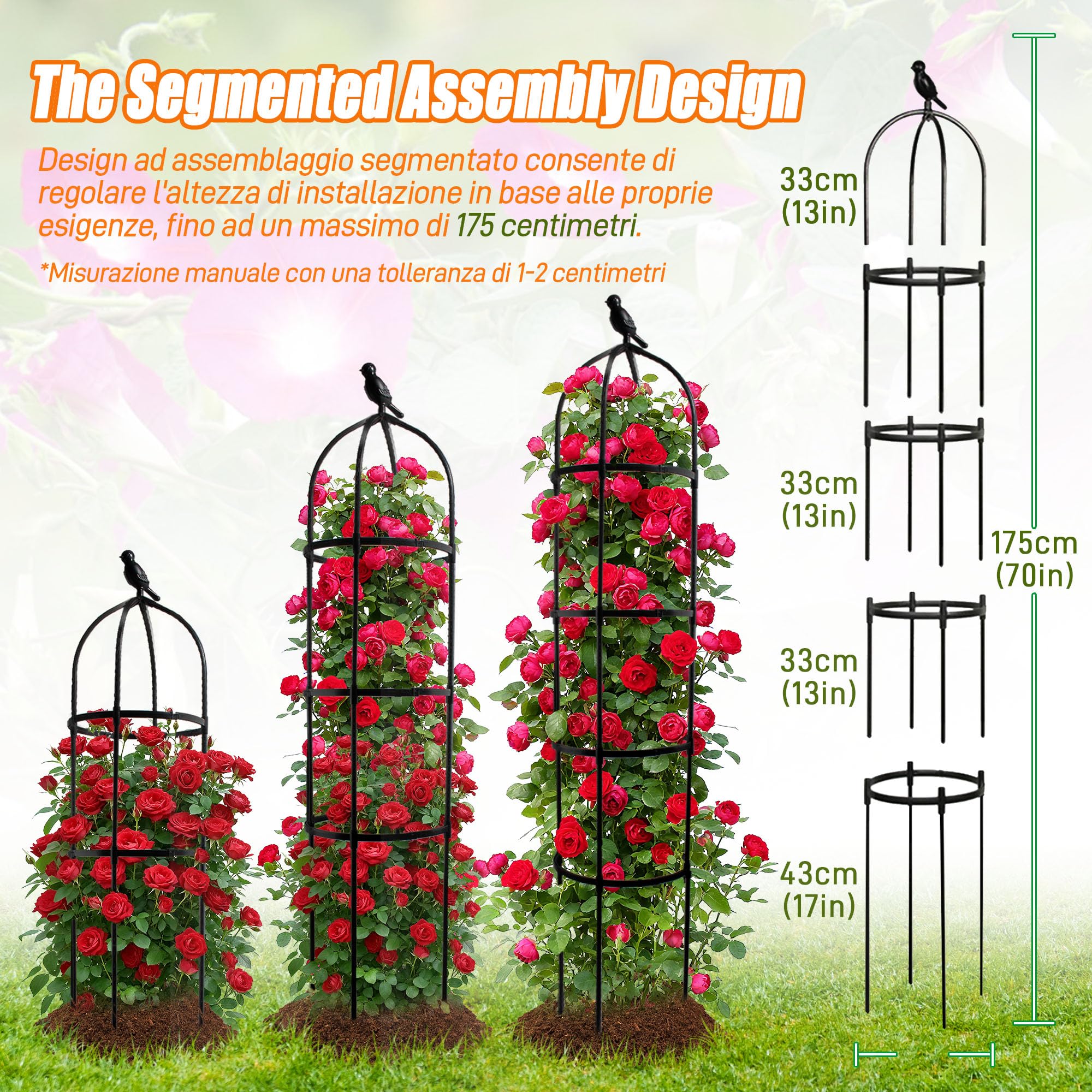 Obelisco da Giardino 175 CM per Piante Rampicanti - Griglia di Supporto Metallica da 6FT per Interni/Esterni, Ortaggi e Frutta
