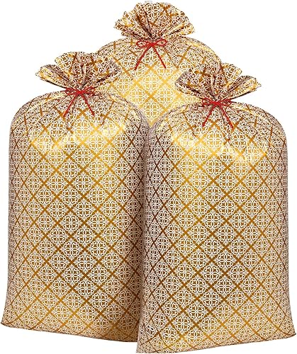 Zonon 3 bolsas de regalo de plástico jumbo de 56 pulgadas, bolsas de regalo de damasco dorado de gran tamaño, bolsa de regalo grande para