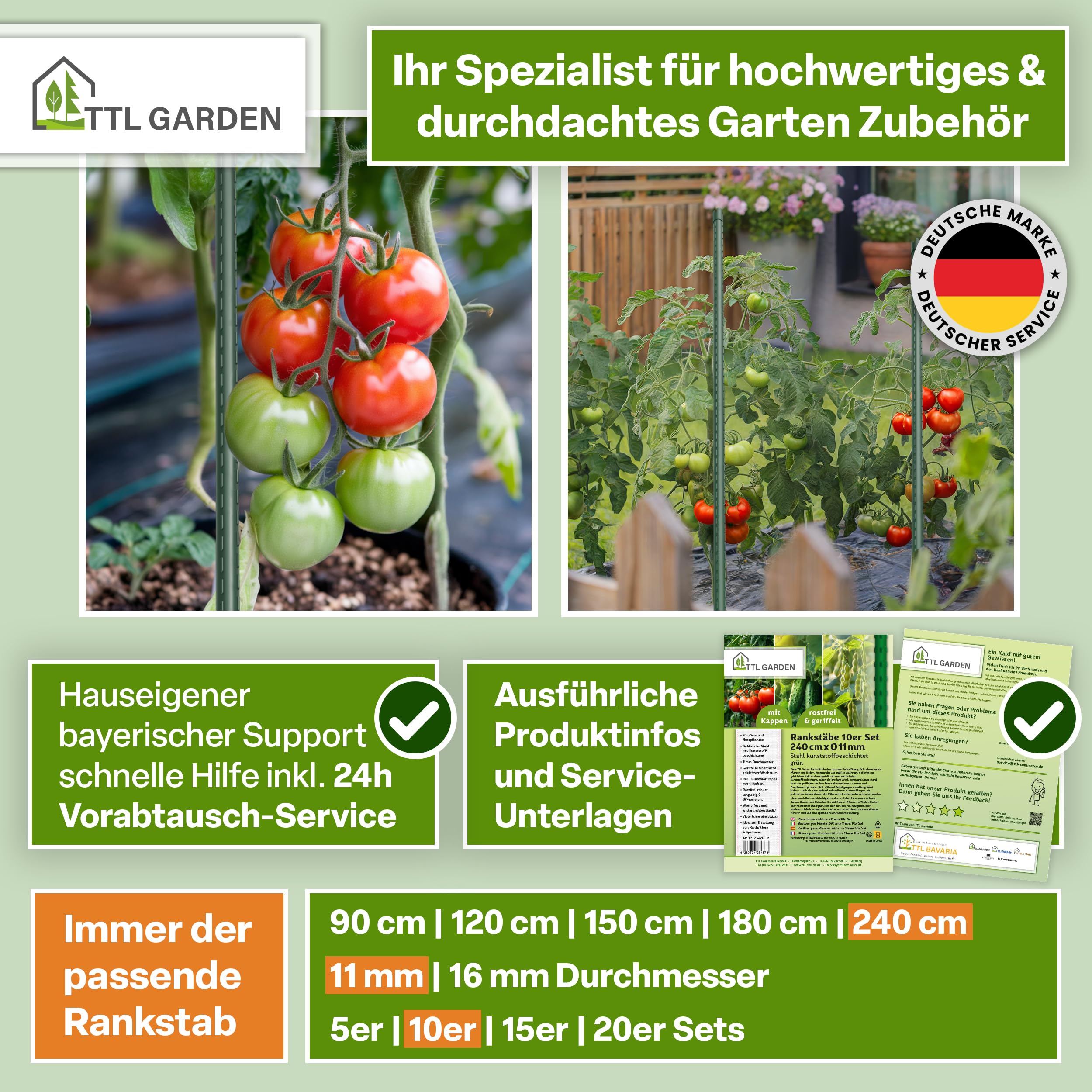 TTL GARDEN Lot de 10 tuteurs 240 cm x 11 mm de diamètre - Vert - Tuteurs + bande Velcro - En acier inoxydable revêtu de plastique - Support pour plantes - Pour tomates, poivrons, concombres, haricots