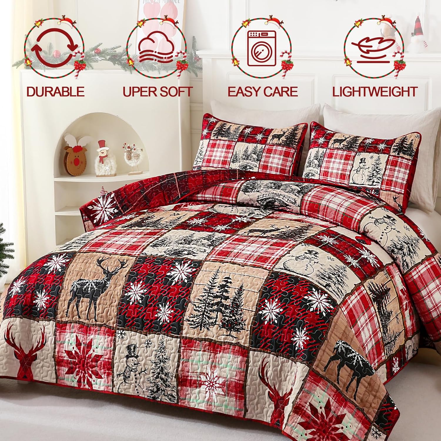 ASPMIZ 3 Pieces Christmas Quilt King Size, Red Plaid Quilt Bedding Set with 2 Pillow Shams Reversible Patchwork Quilts, Christmas Snowflake Comforter Set Lightweight Winter Coverlet, 90"x90"
