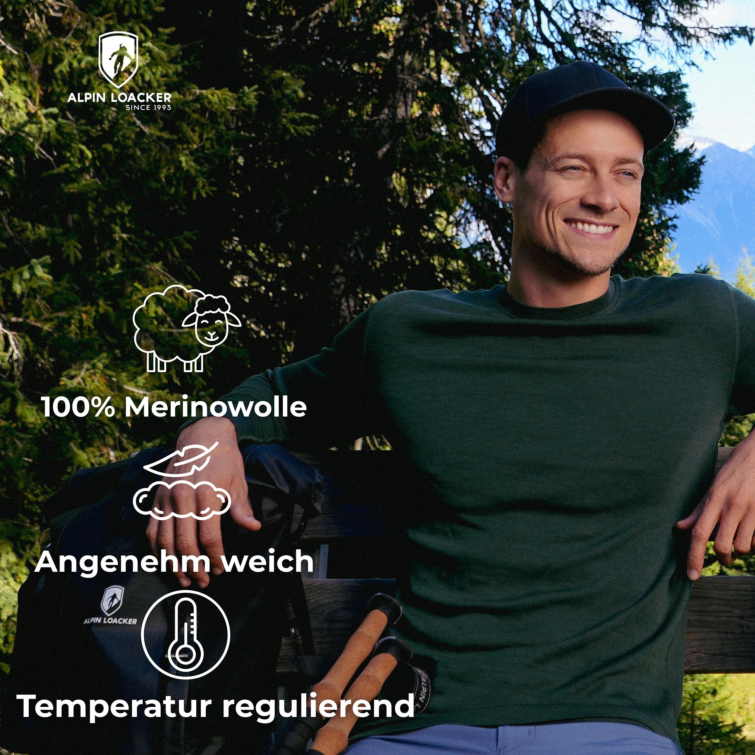 ALPIN LOACKER 100 Merino Langarmshirt Herren 230g/m2 Feinste Merinowolle Unterwäsche Thermooberteil Outdoor Sport