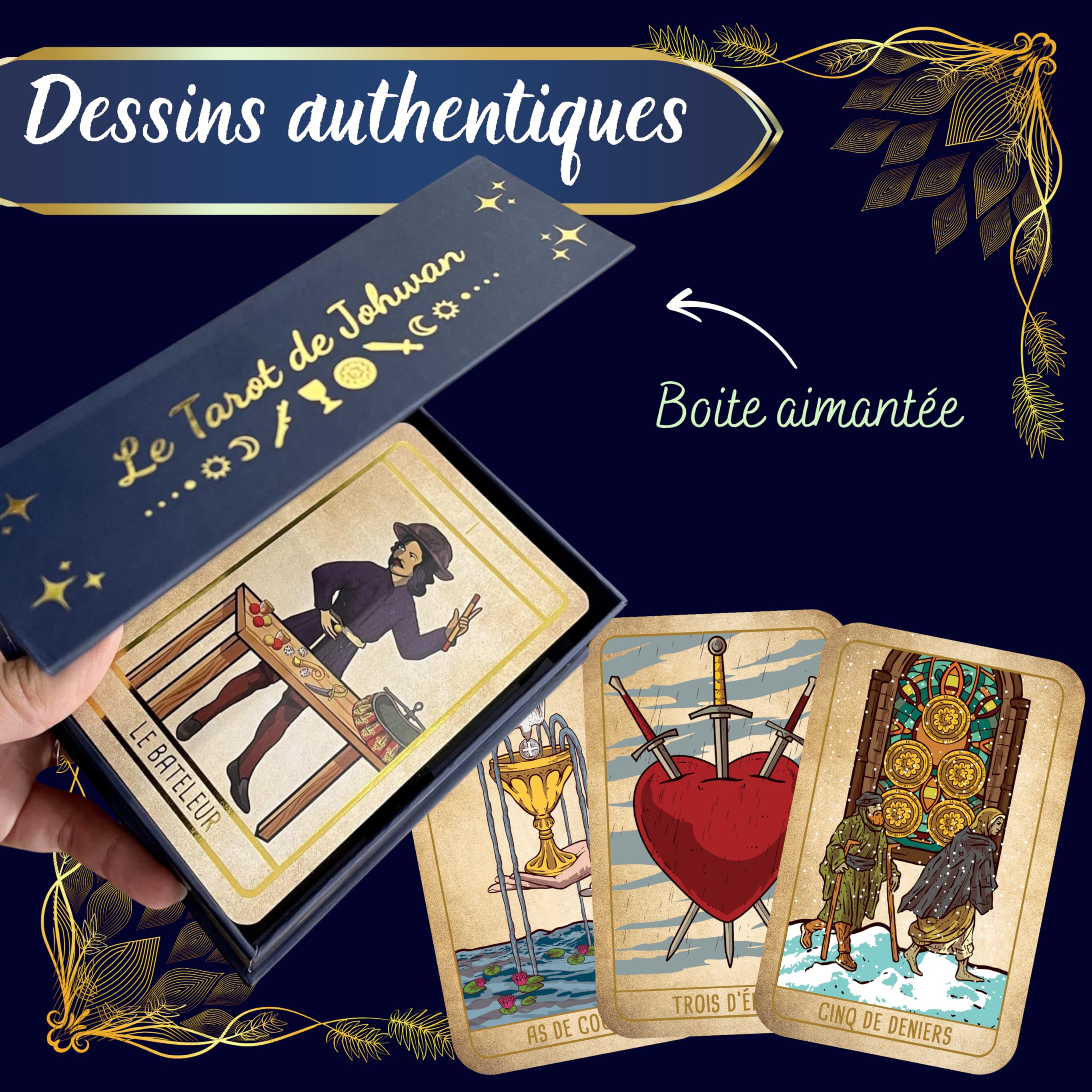 Le Tarot de Johwan - 78 Cartes Fusion Marseille/Rider-Waite - Édition Gold Prestige Tranche Dorée - Boîte Aimantée + Pochon - 2 Mémos Inclus